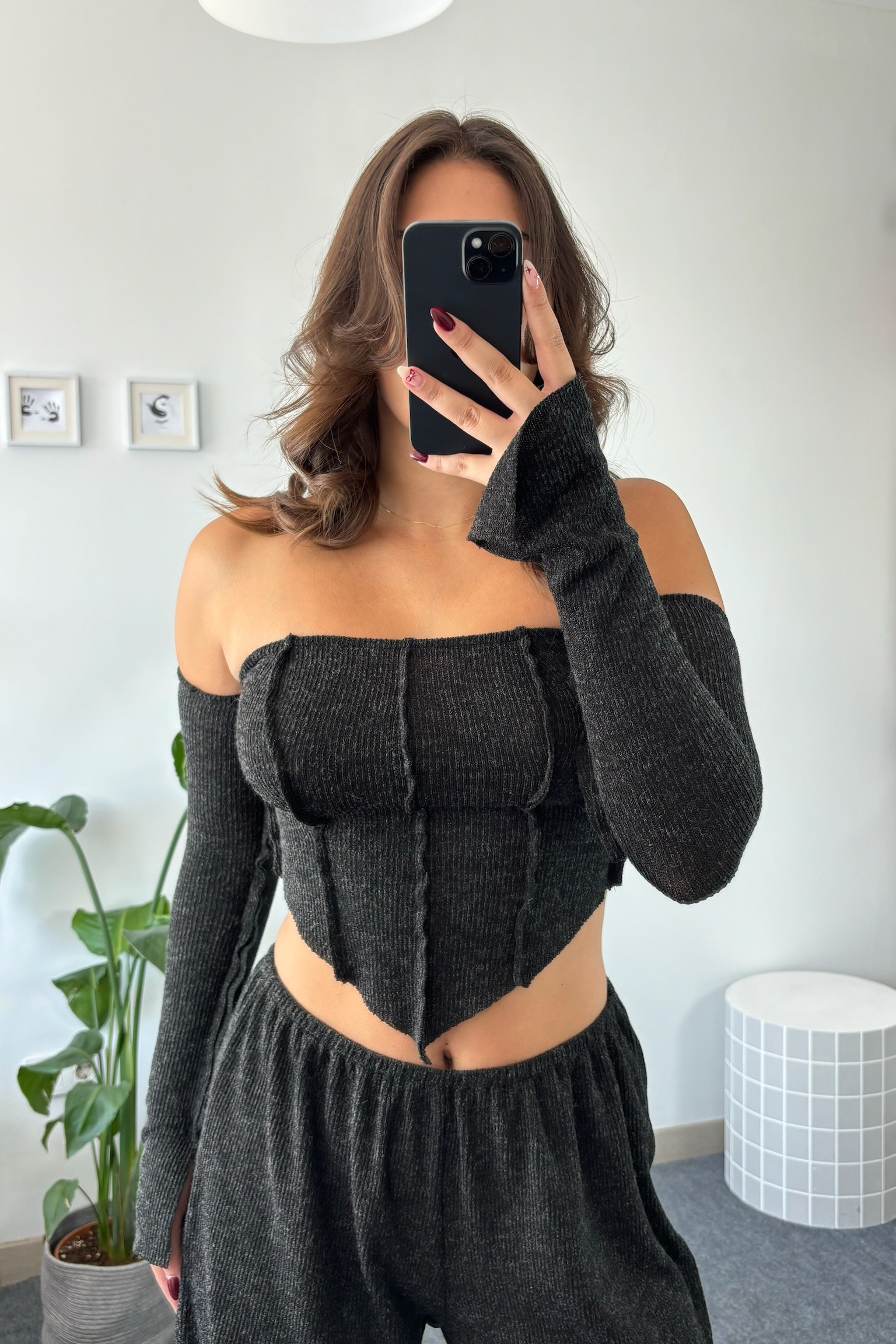 DÜŞÜK OMUZ BLUZ SALAŞ PANTOLON FİTİLLİ TAKIM