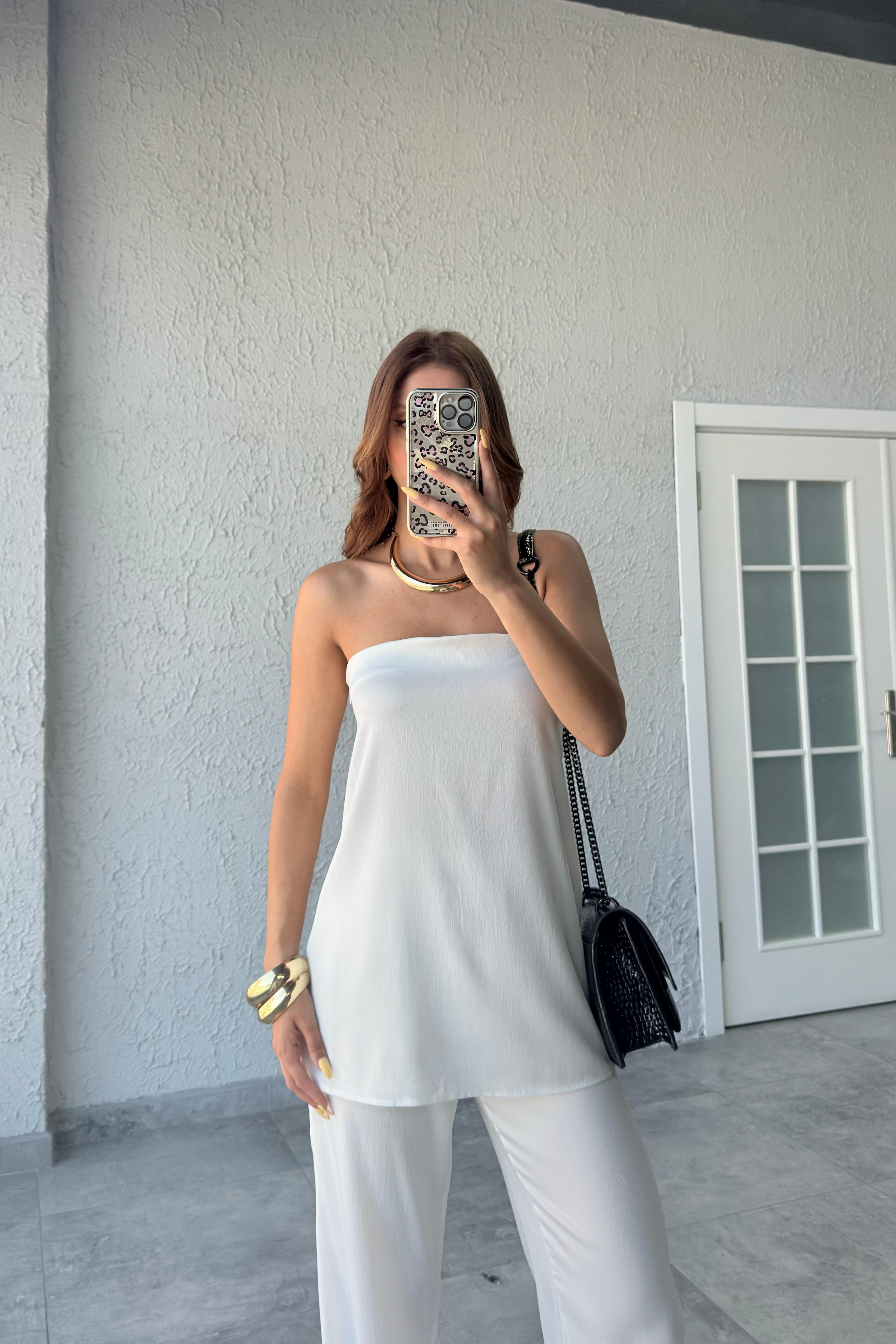 SATEN STRAPLEZ BLUZ PANTOLON TAKIM - beyaz