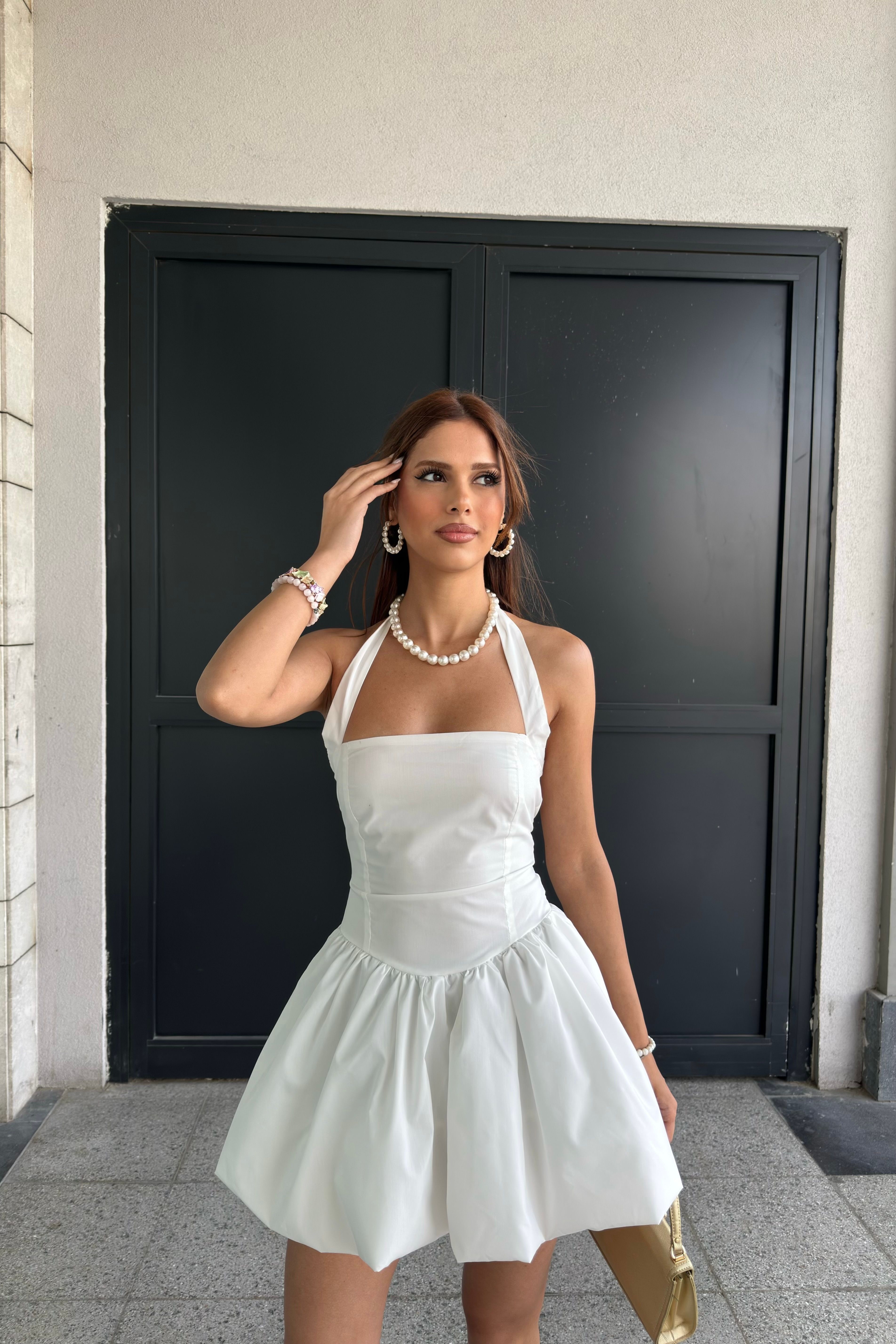 BALONLU KISA ELBİSE - beyaz