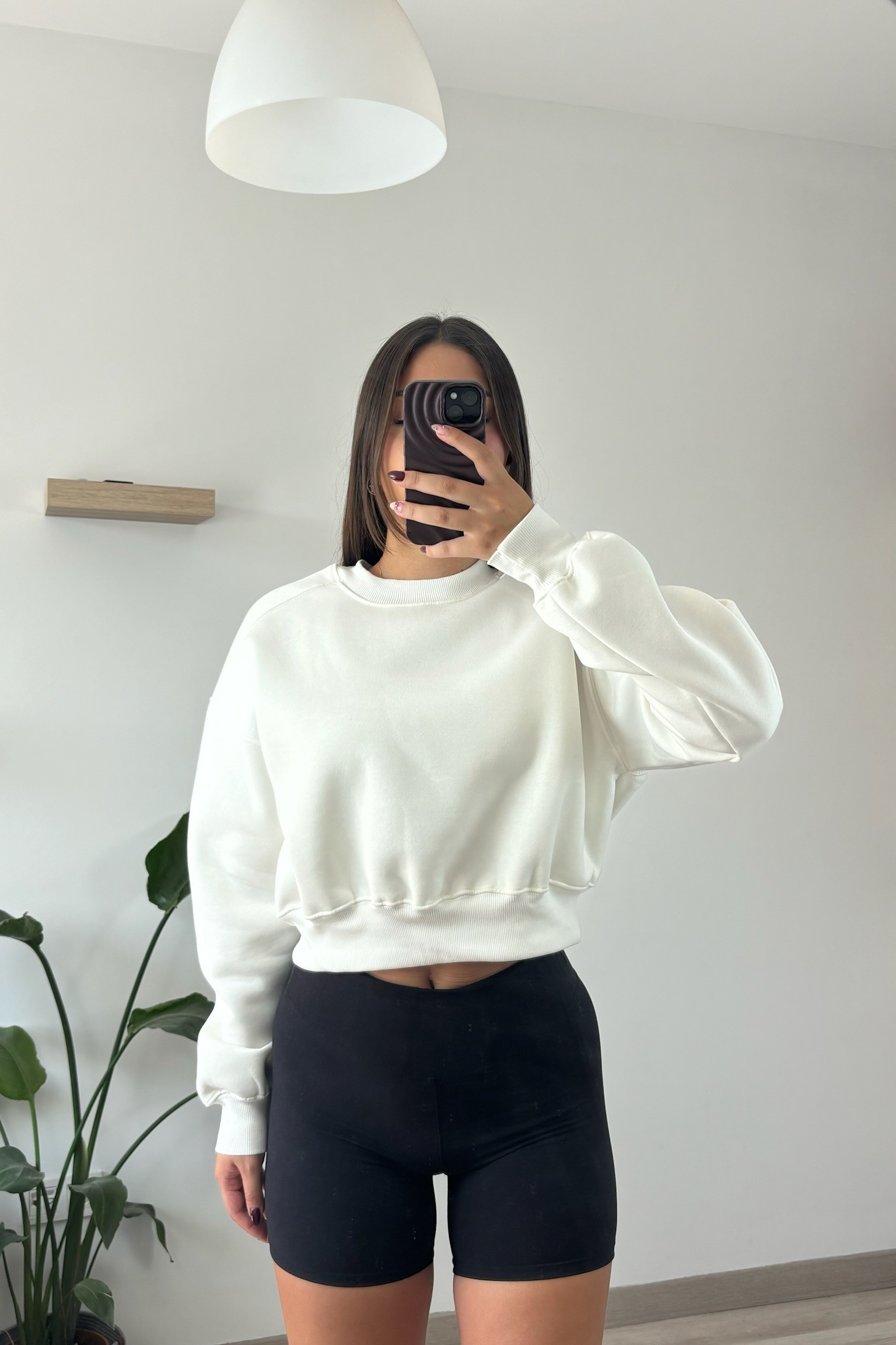 BASİC ÜÇ İPLİK CROP SWEATSHİRT - beyaz
