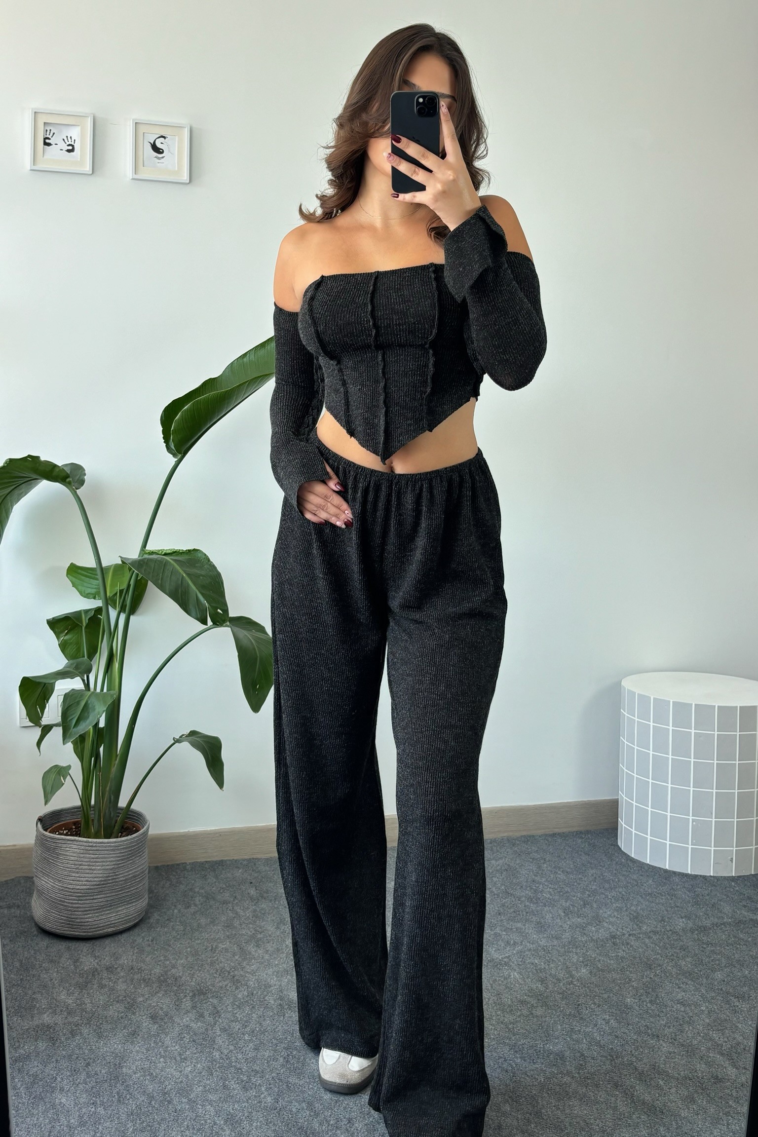 DÜŞÜK OMUZ BLUZ SALAŞ PANTOLON FİTİLLİ TAKIM