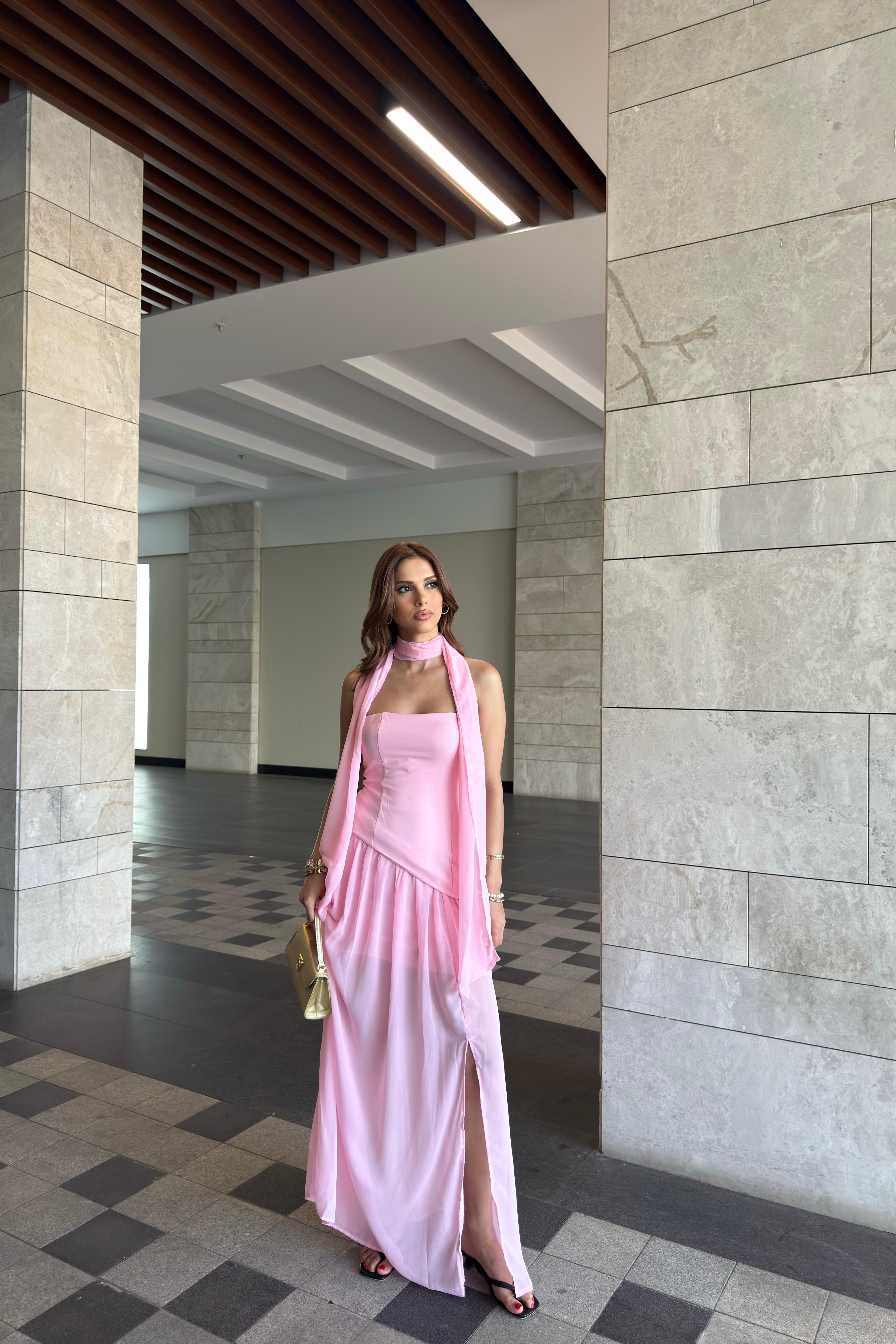 TREND FULARLI STRAPLEZ ELBİSE - pembe