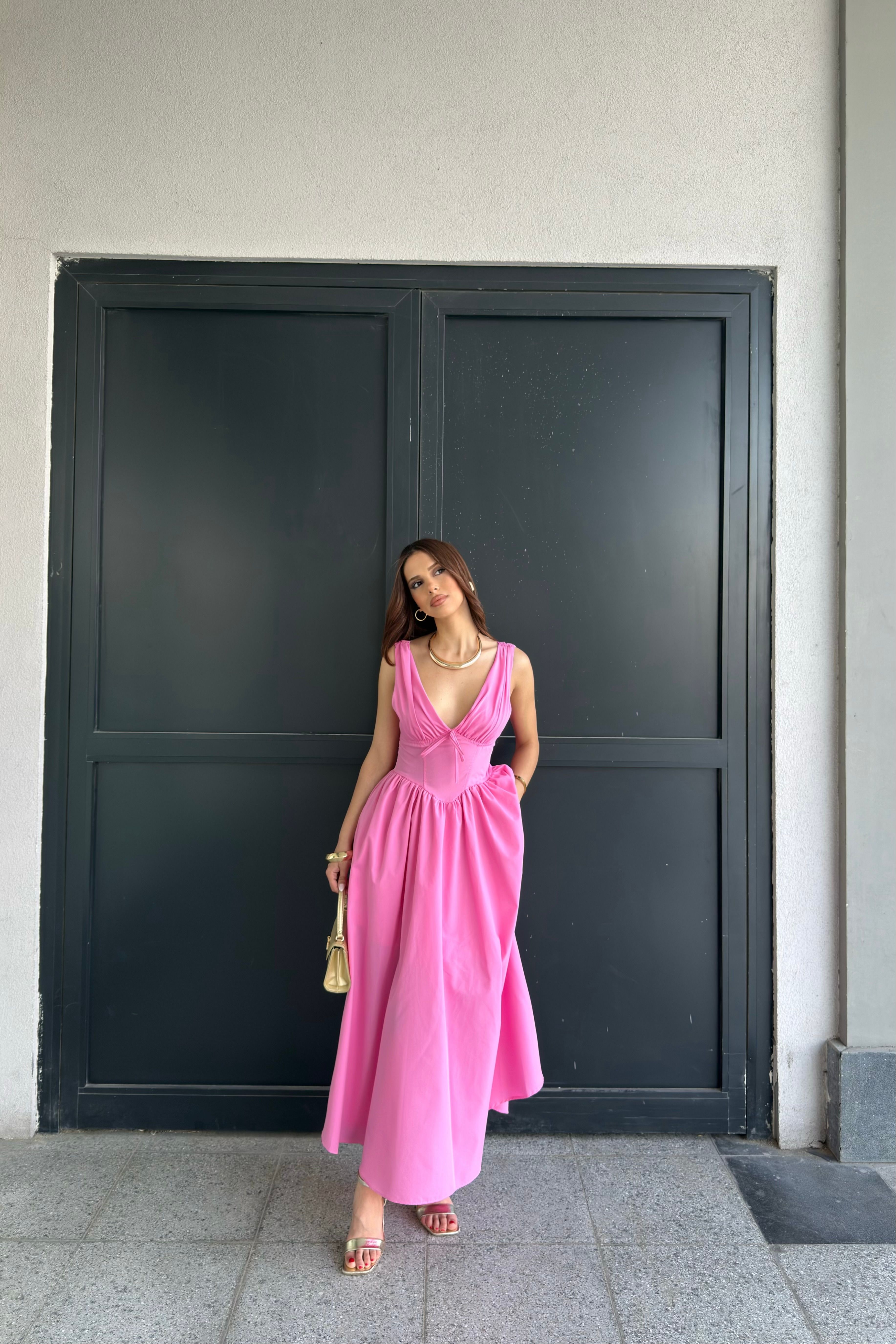 KORSE DETAYLI POPLİN ELBİSE - pembe