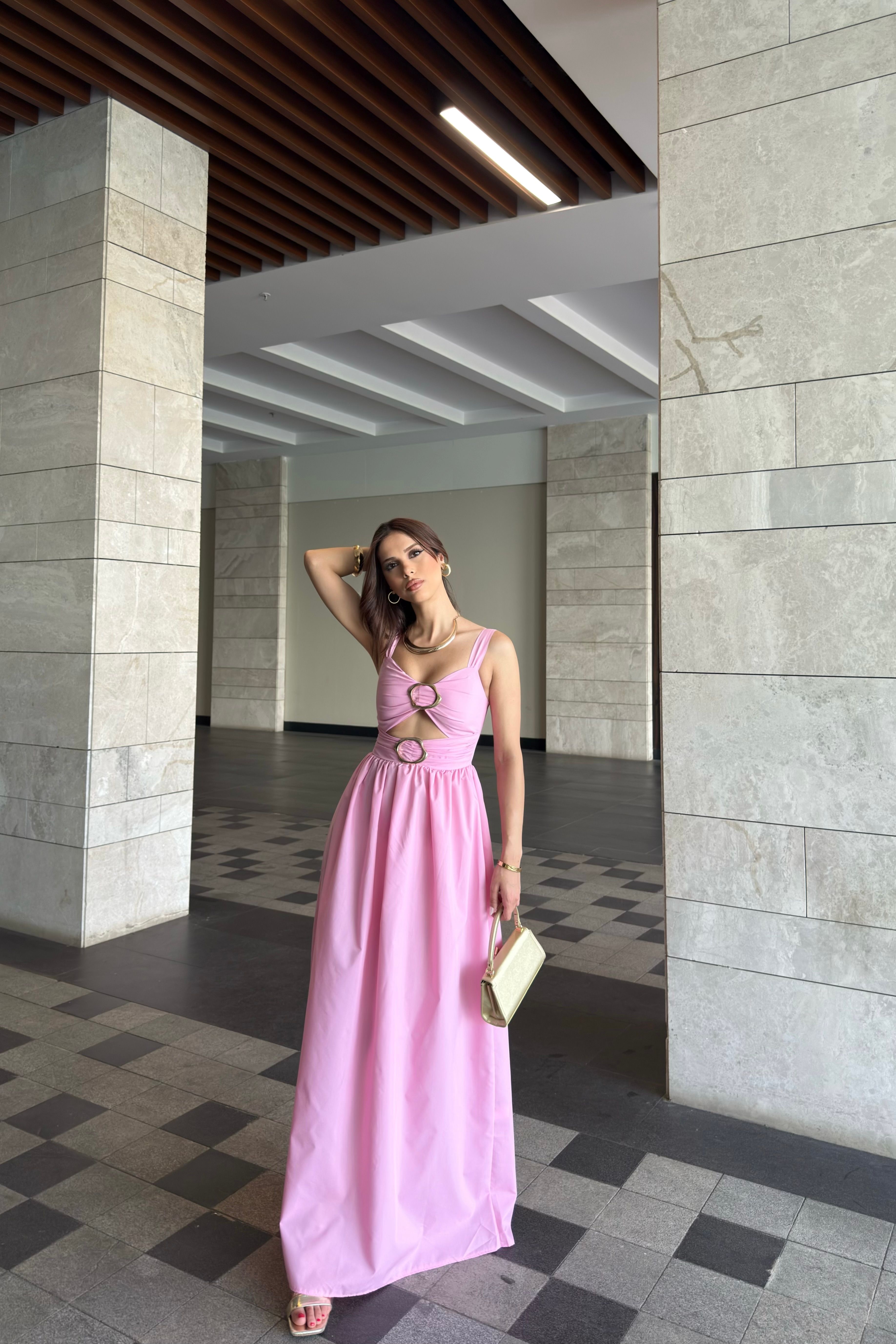 TOKA DETAYLI ELBİSE - pembe