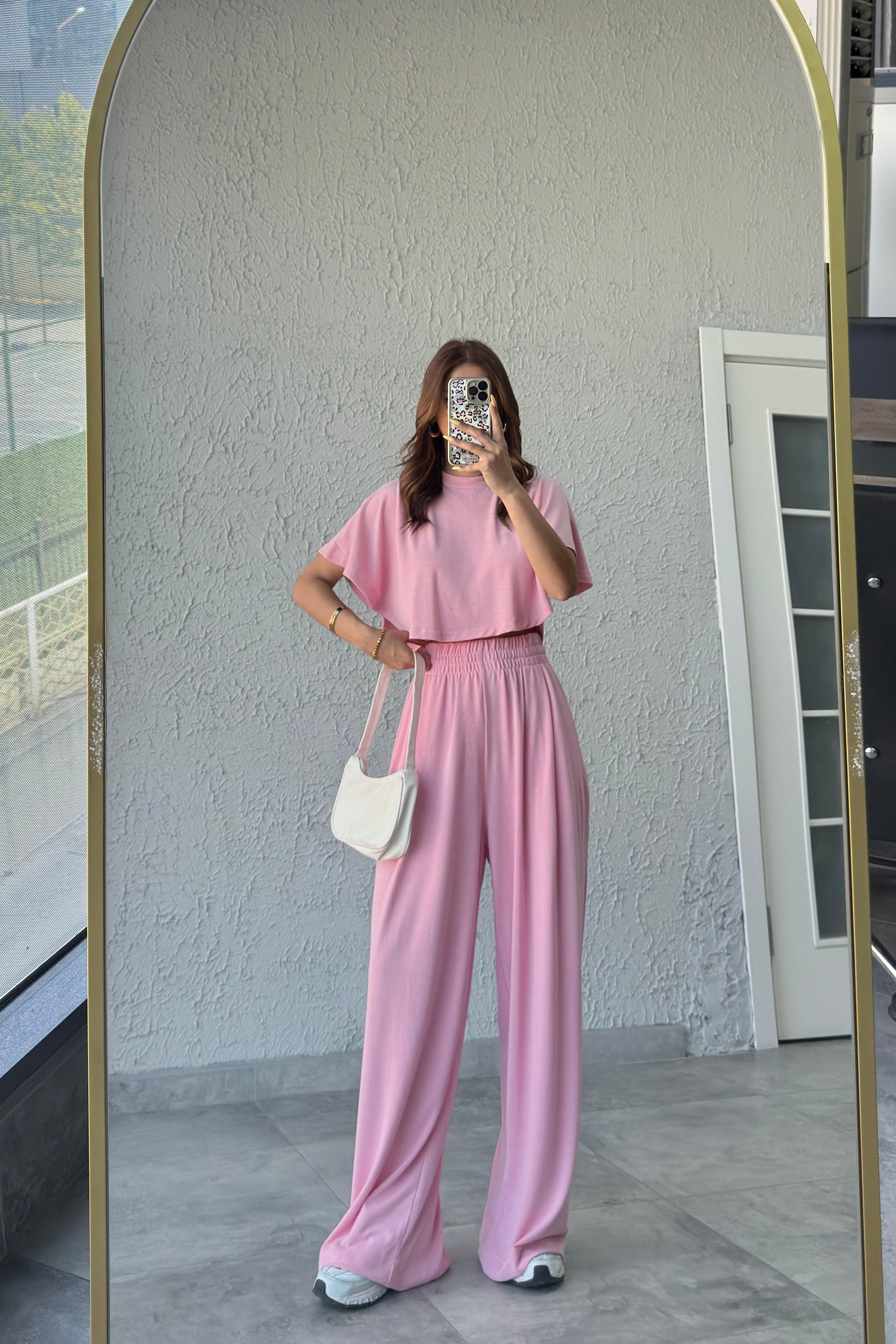 MODAL KUMAŞ CROP PANTOLON TAKIM - pembe
