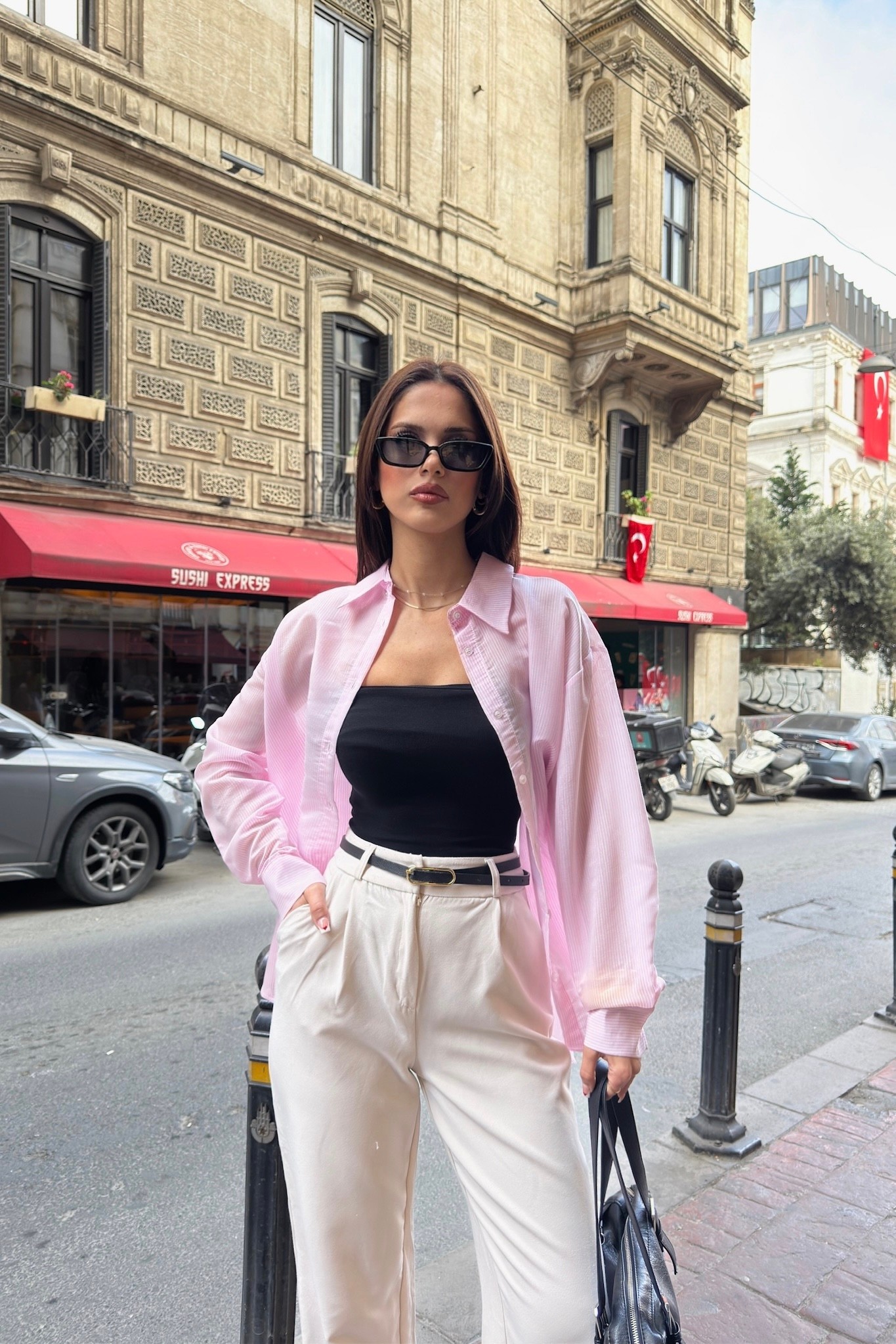 TRANSPARAN ÇİZGİLİ GÖMLEK - pembe