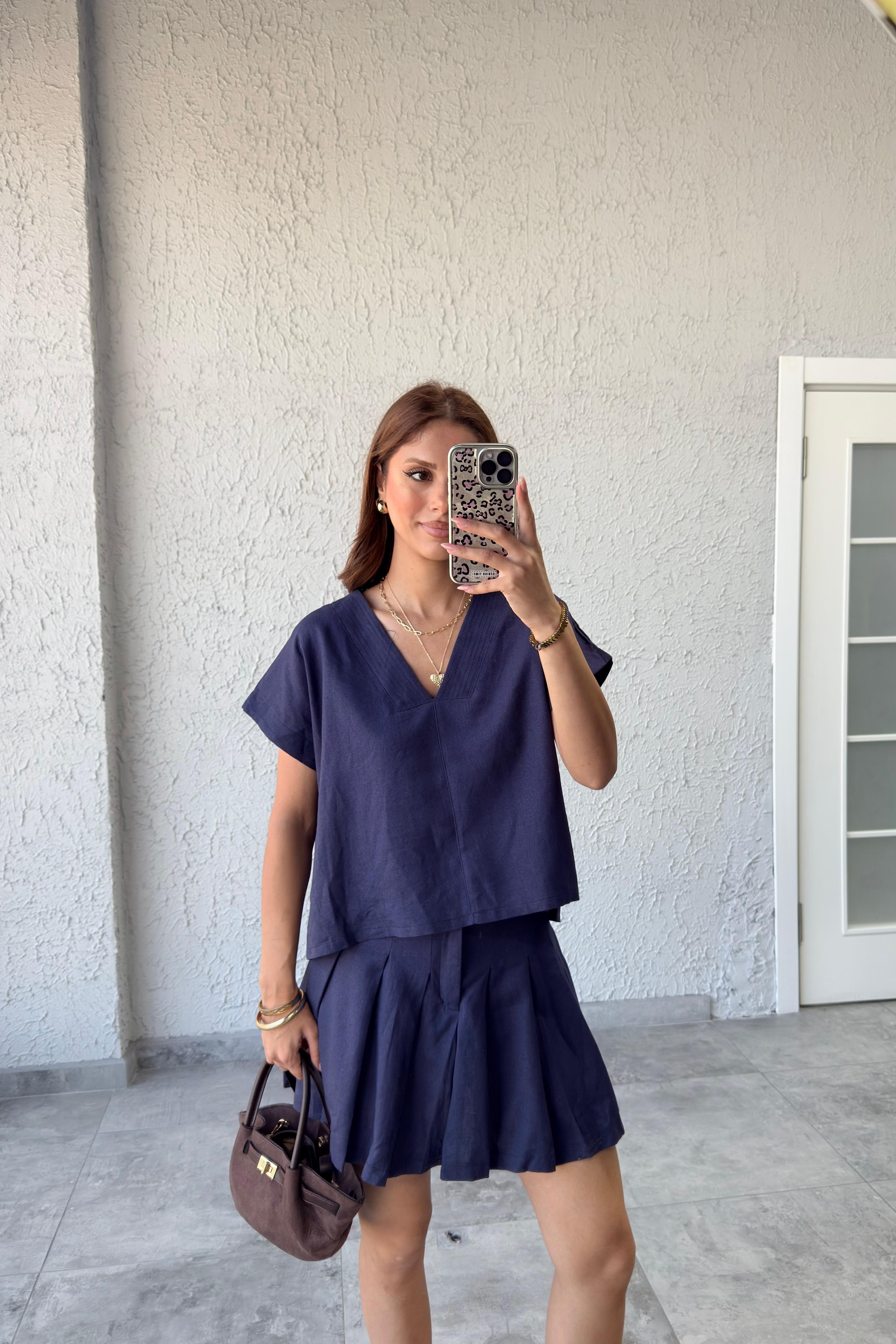 BLUZ ŞORT ETEK KETEN TAKIM