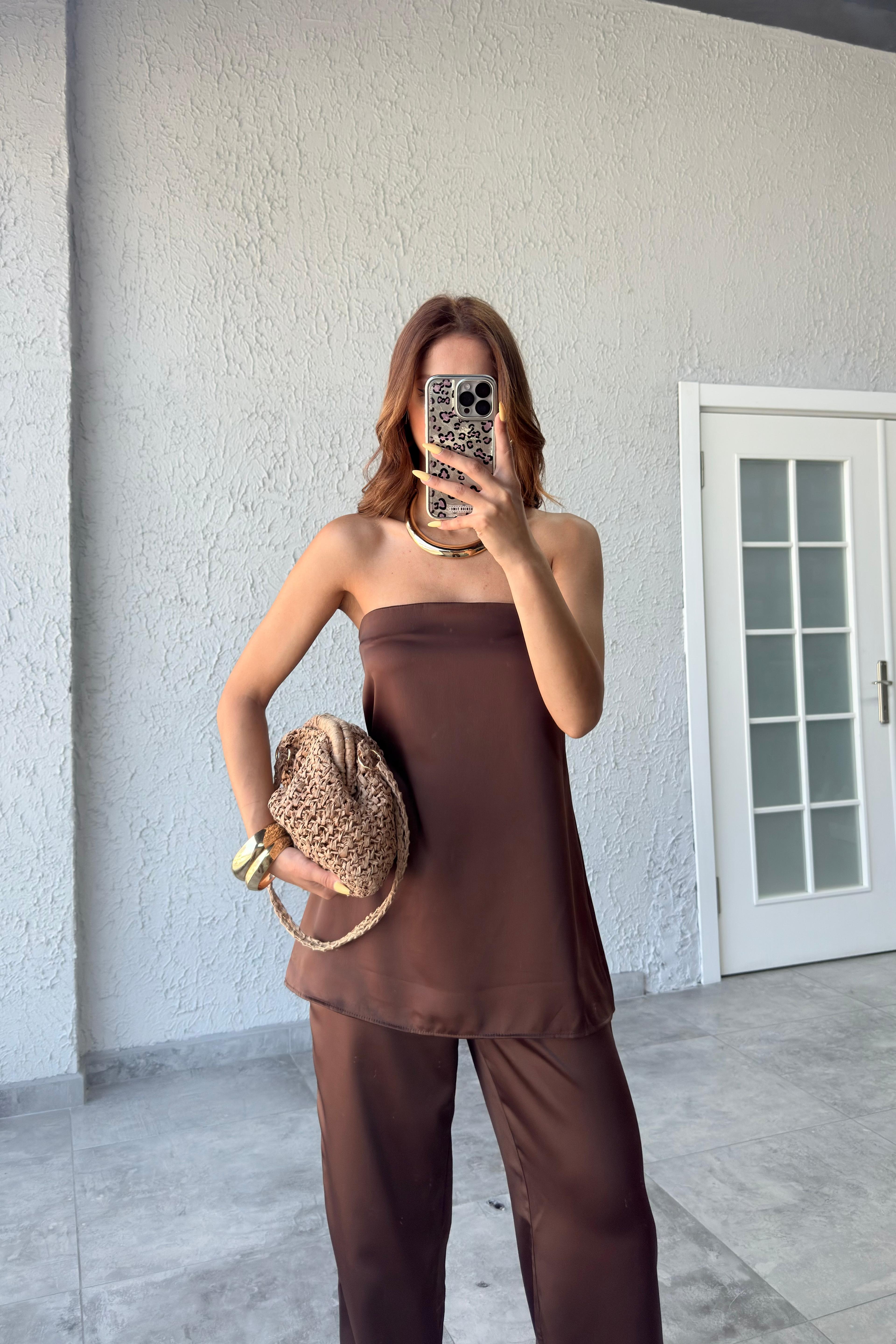 SATEN STRAPLEZ BLUZ PANTOLON TAKIM - kahverengi