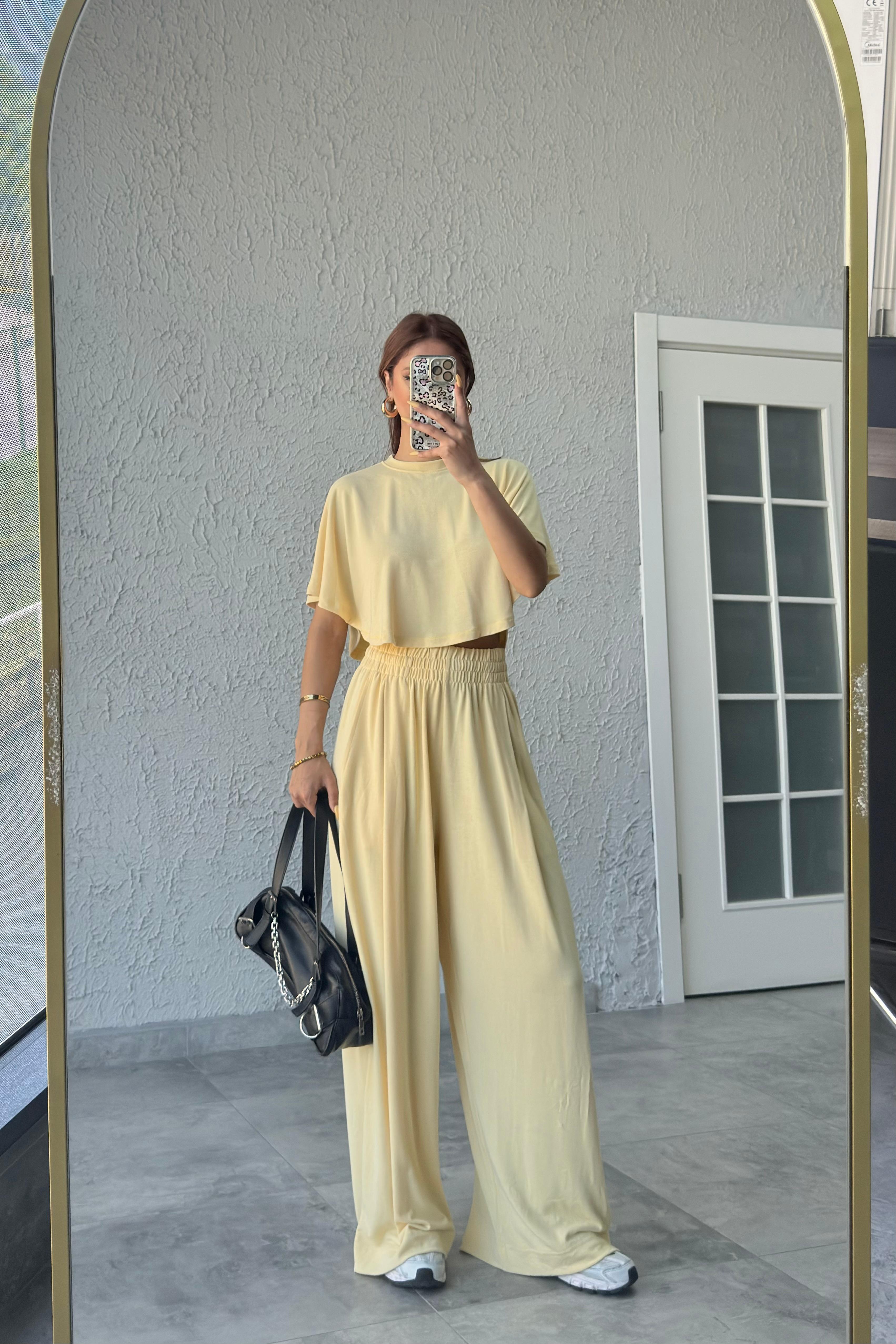 MODAL KUMAŞ CROP PANTOLON TAKIM - sarı