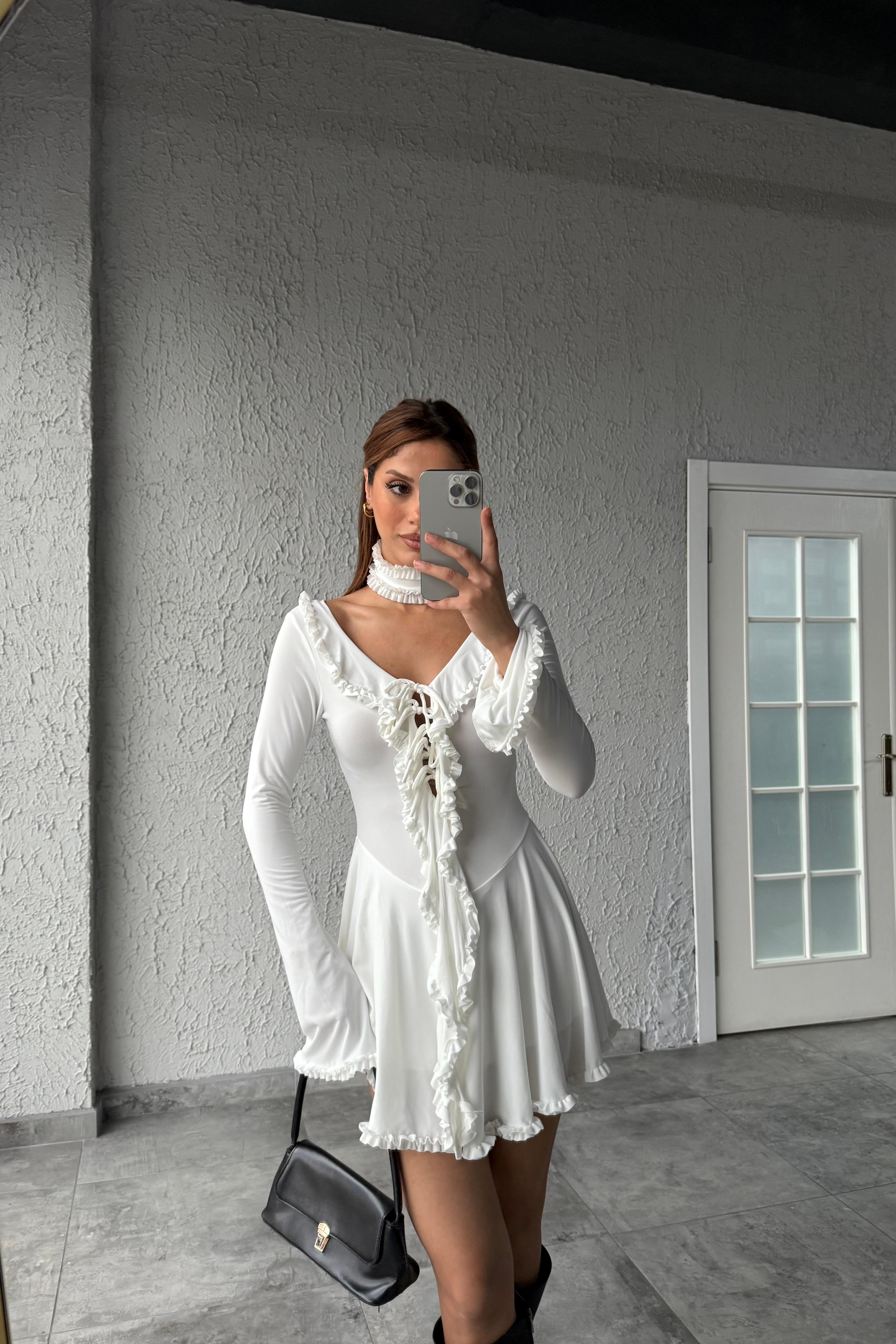 FIRFIR DETAY MİNİ ELBİSE - beyaz