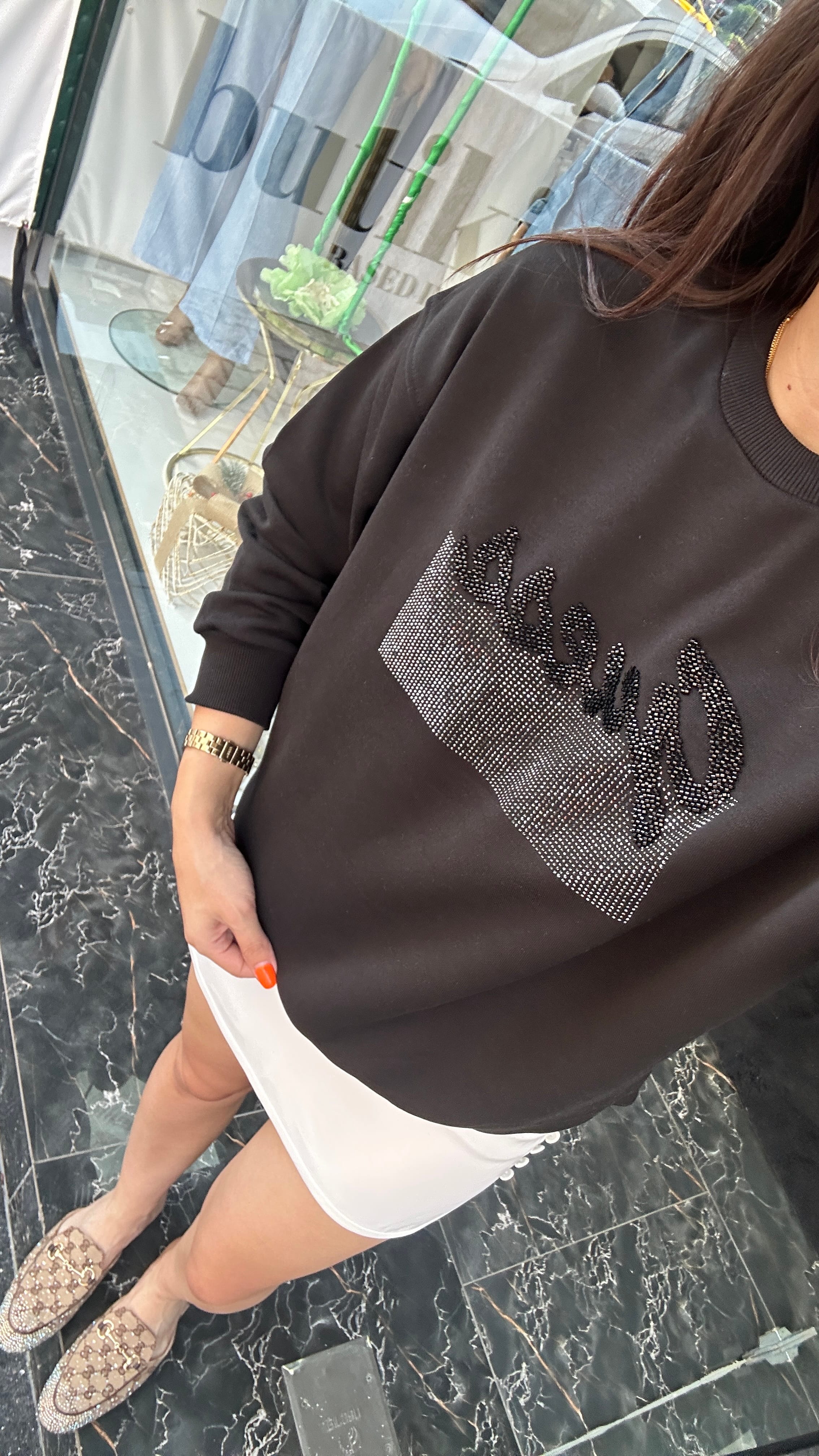 taşlı siyah sweat 