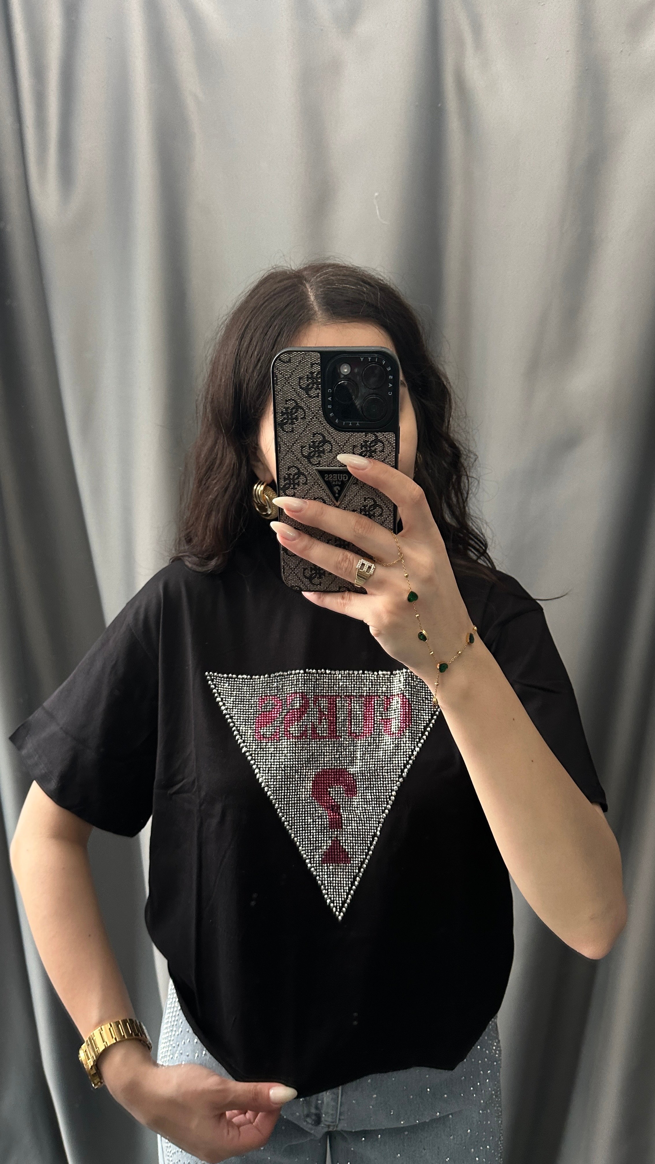 üçgen taşlı tshirt siyah