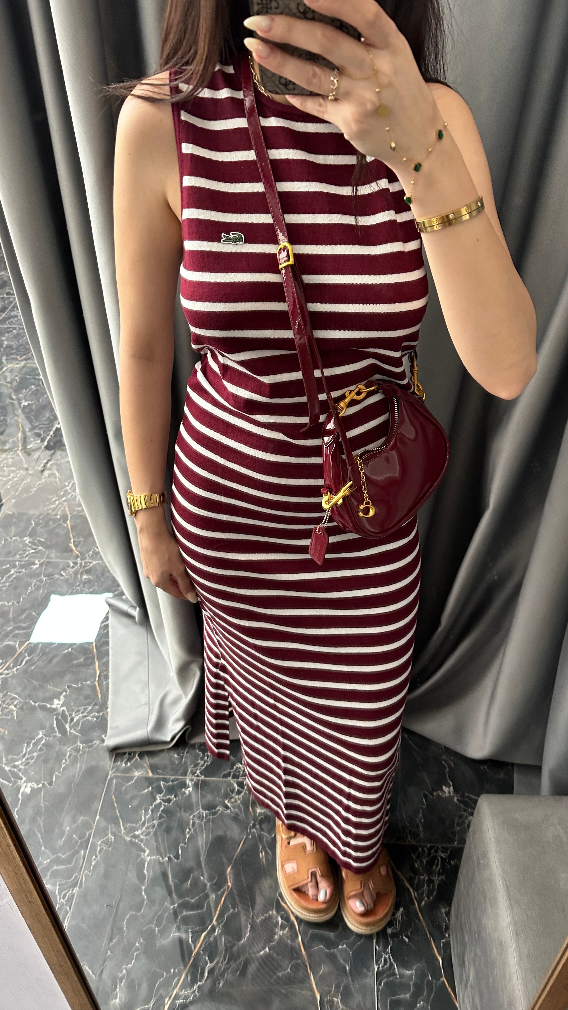 bordo çizgili maxi elbise 