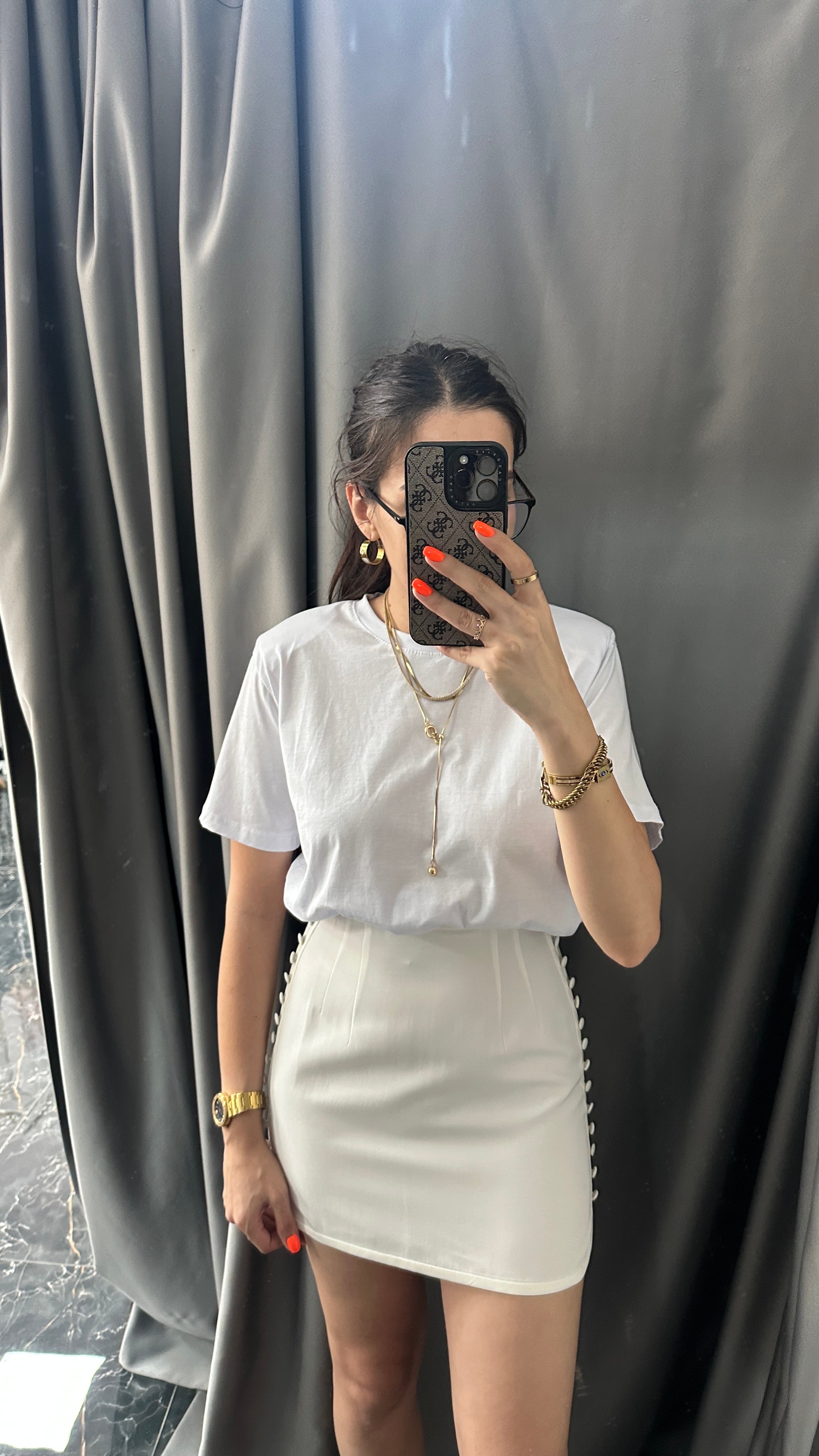 zr düğme detaylı saten etek 