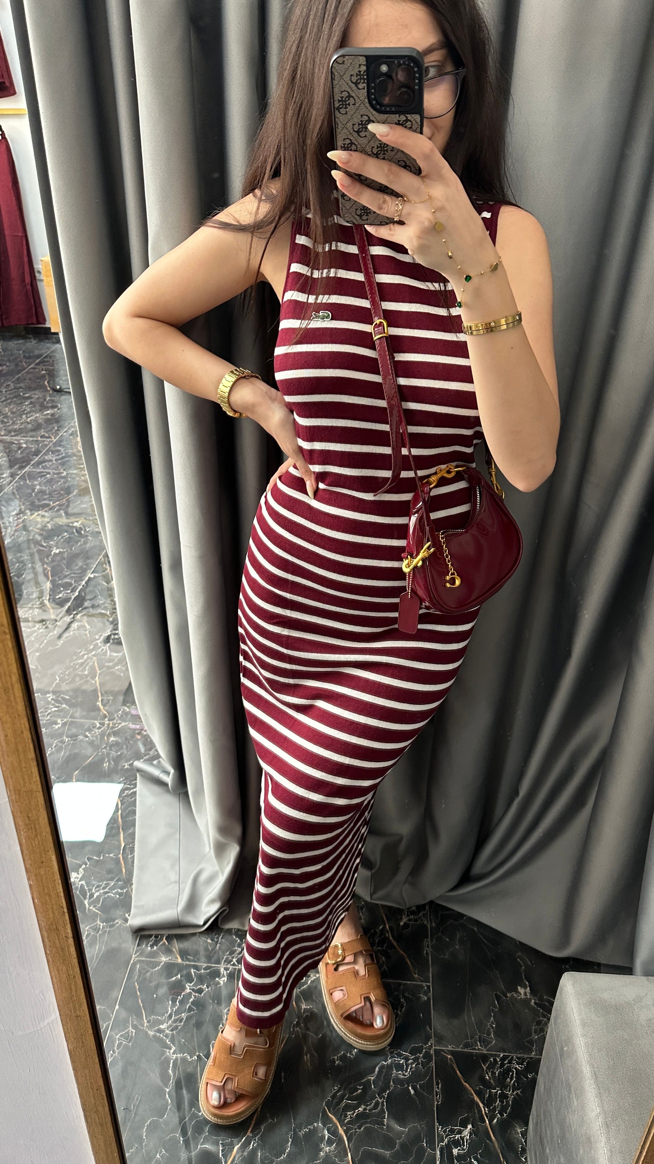 bordo çizgili maxi elbise 