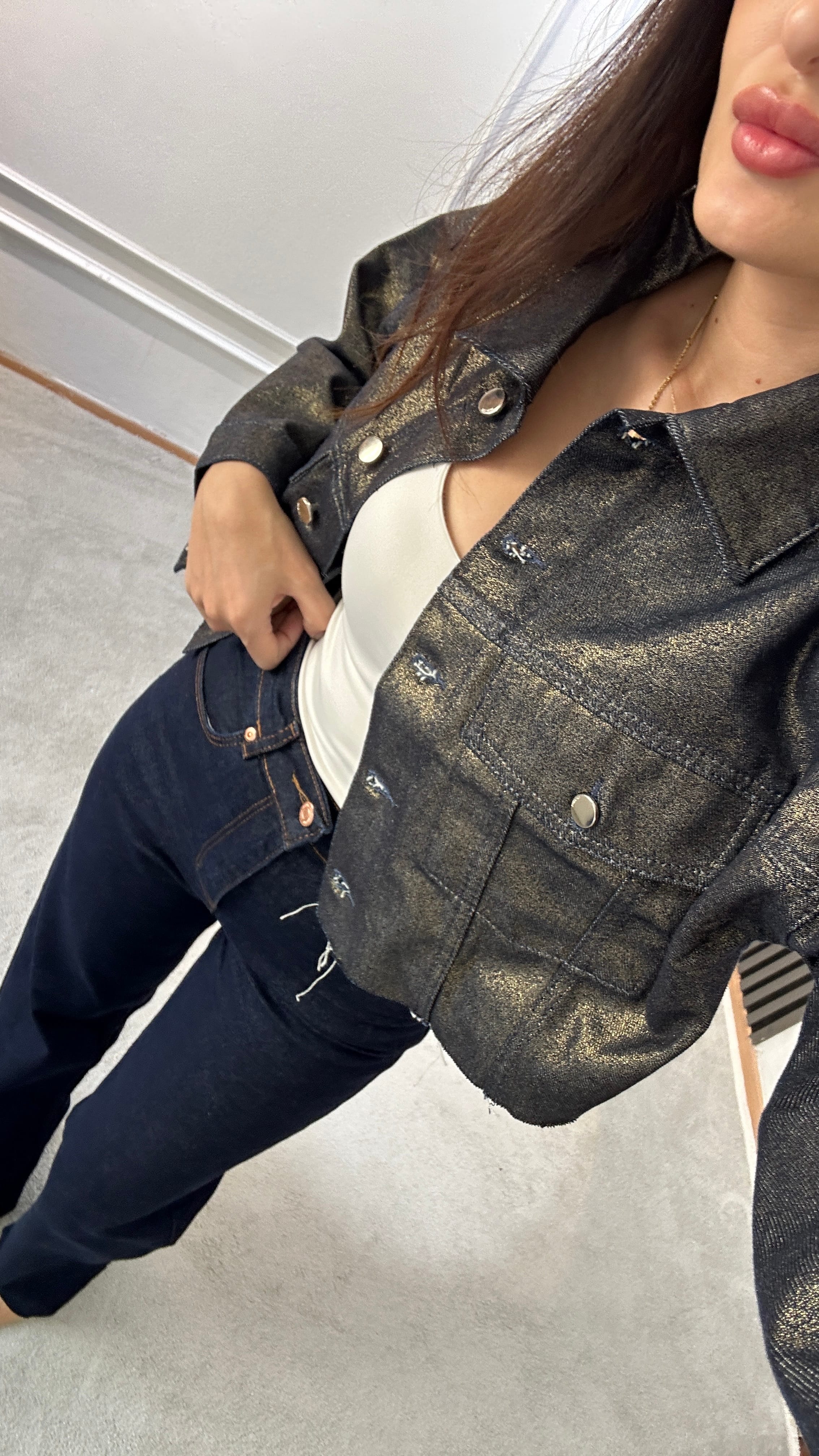gold varaklı jean ceket 