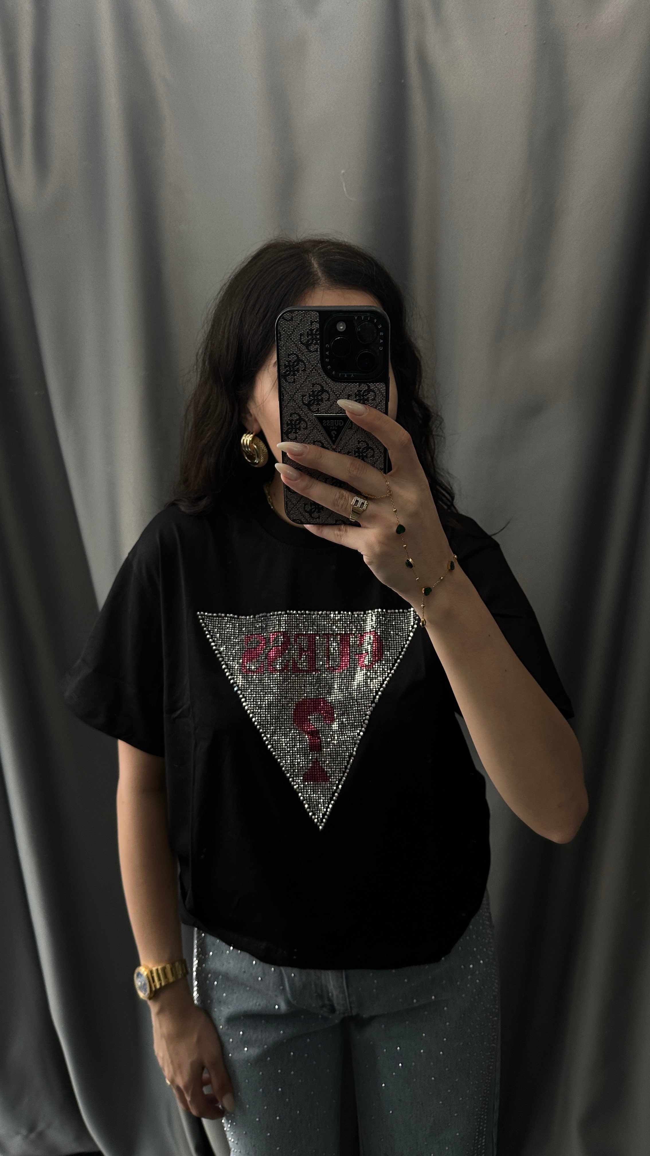 üçgen taşlı tshirt siyah