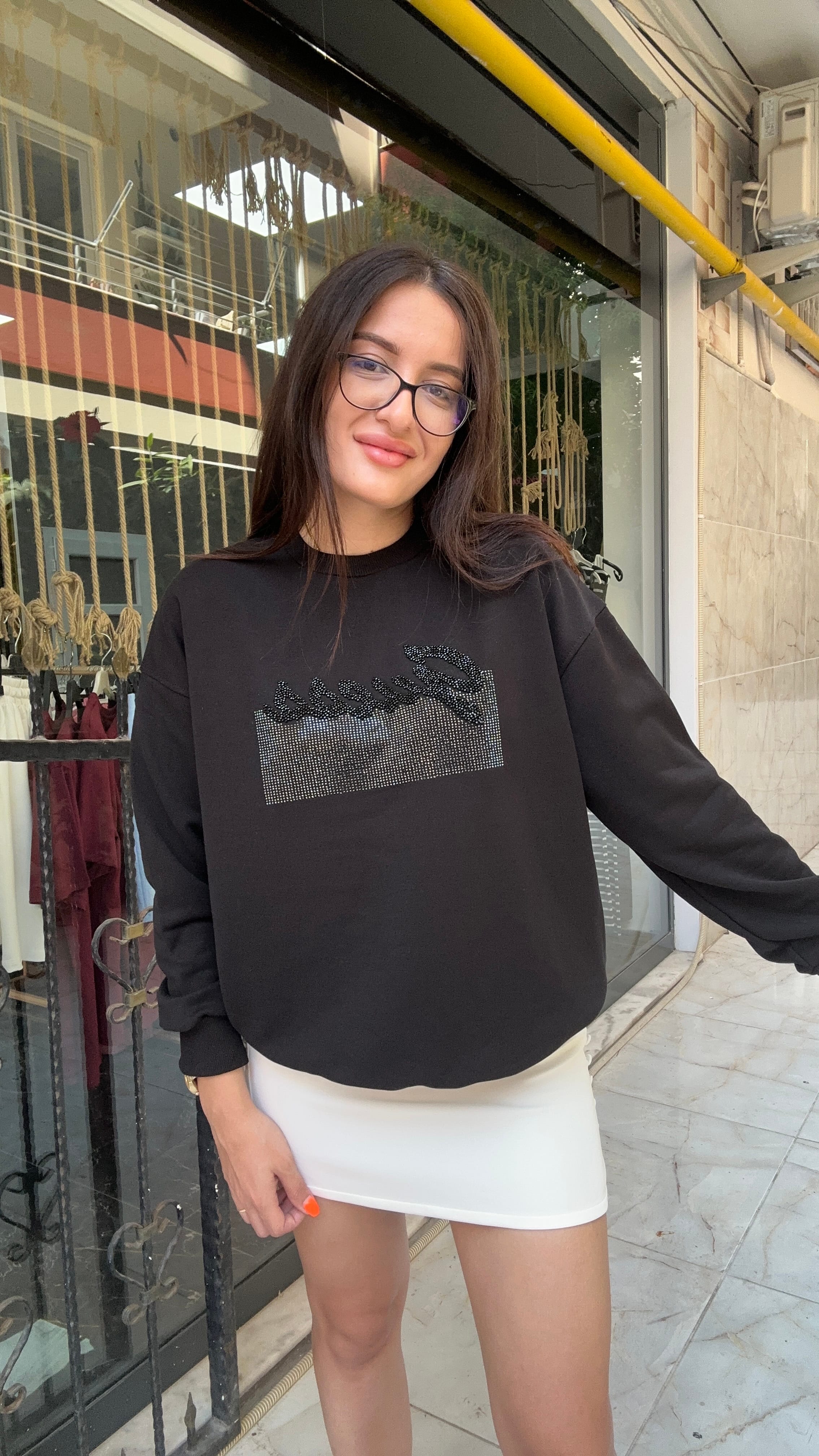 taşlı siyah sweat 