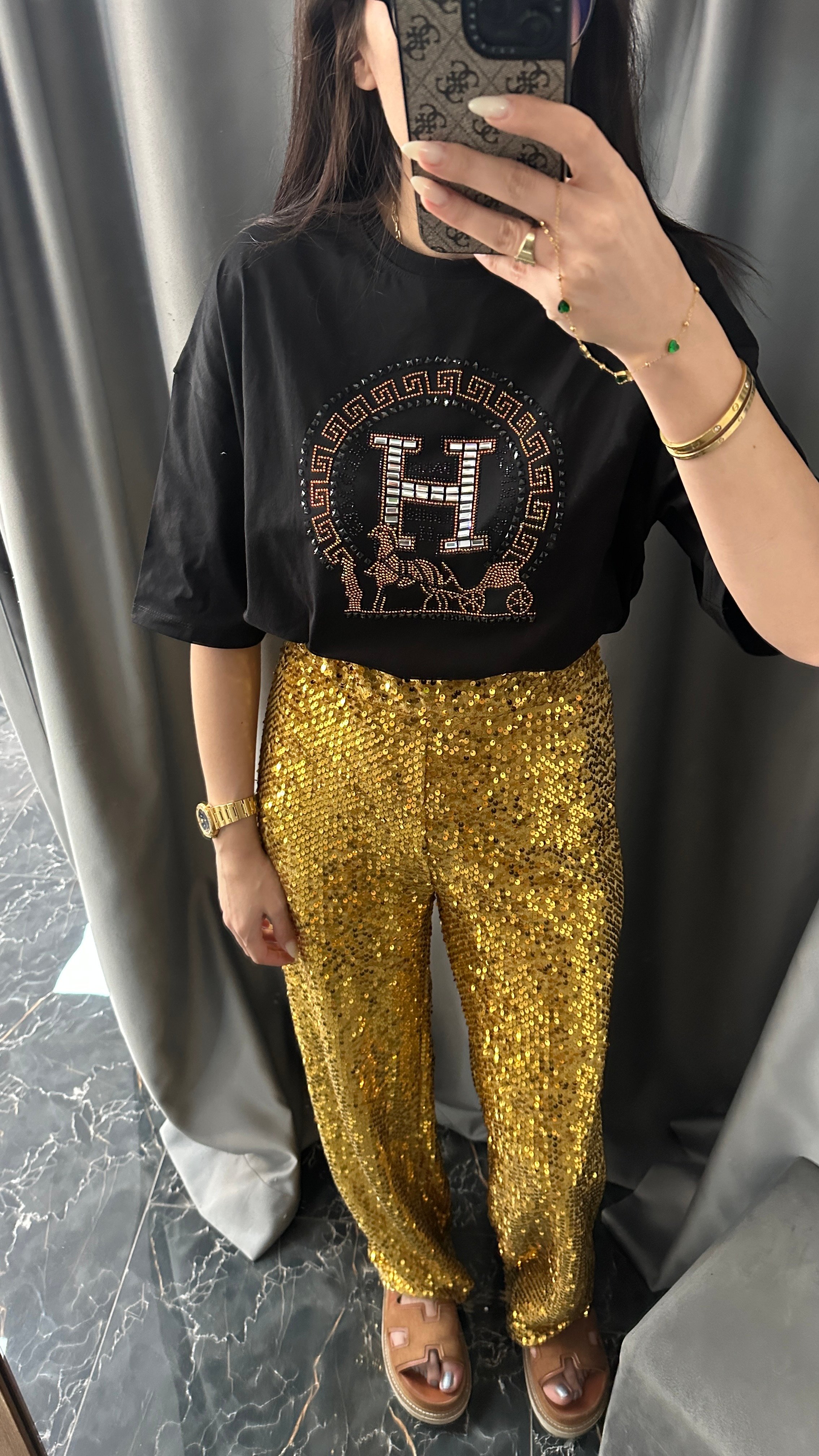 siyah hologram taşlı tshirt