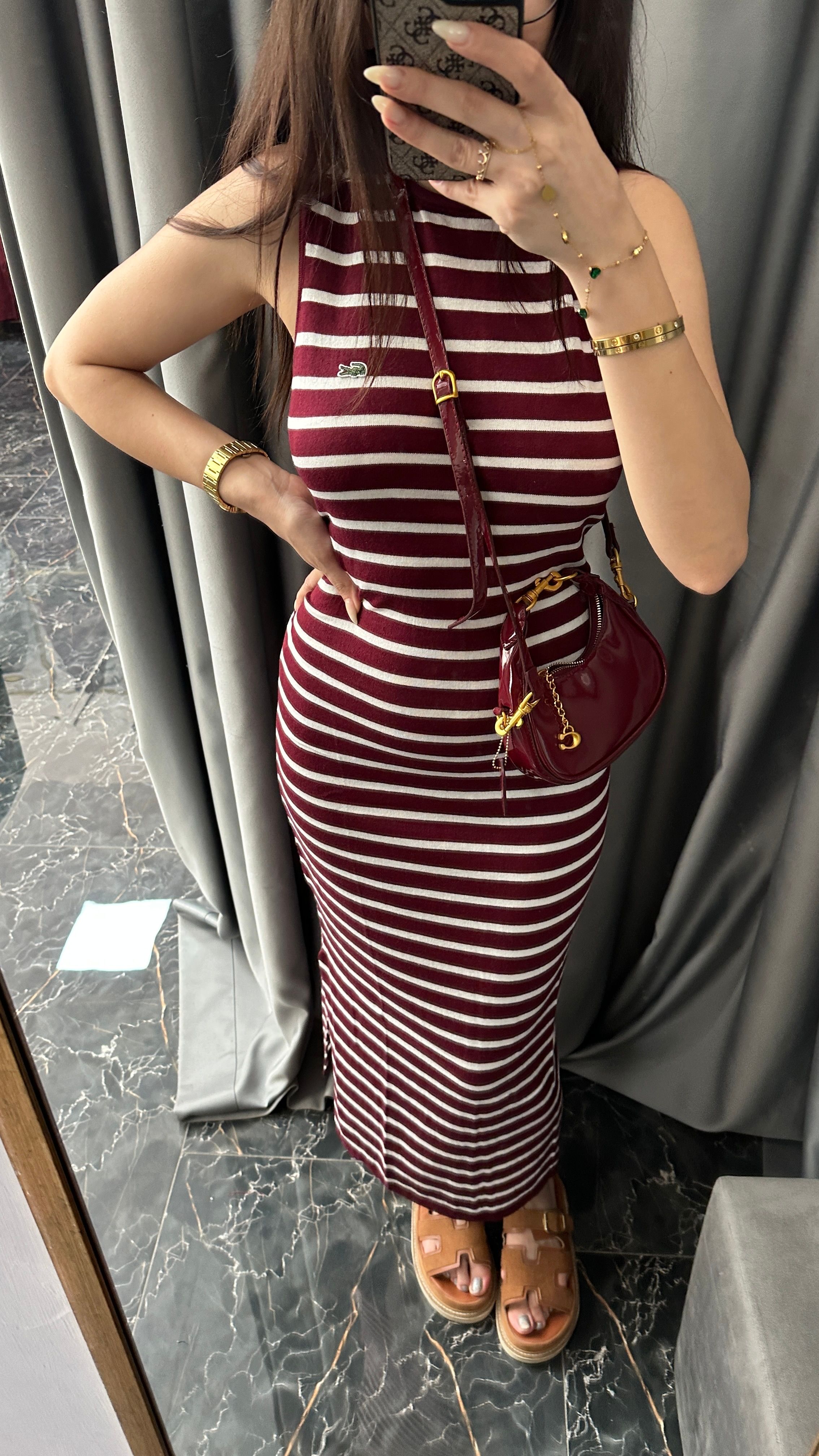 bordo çizgili maxi elbise 