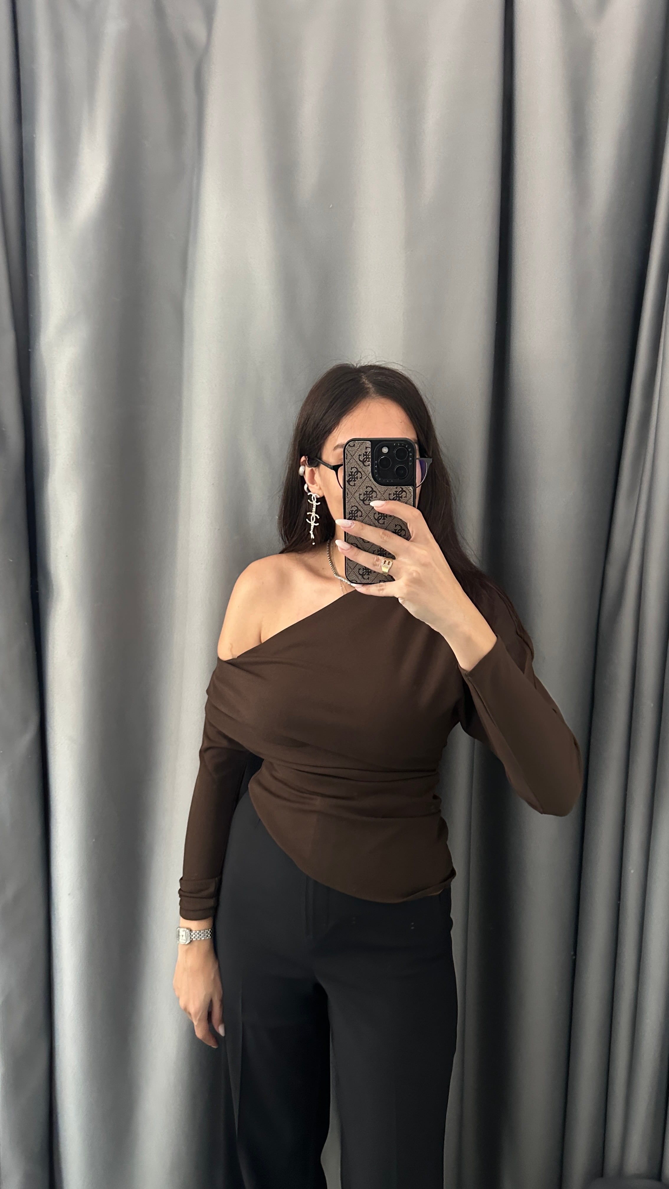 acı kahve omuz detaylı bluz