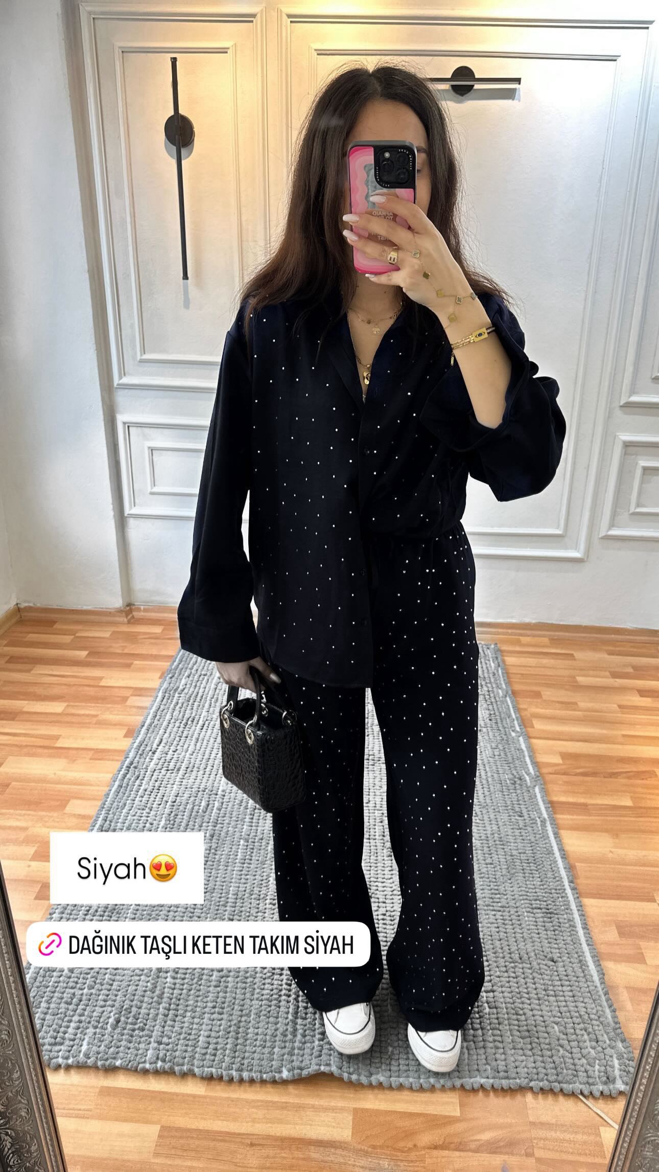 siyah taşlı keten takım