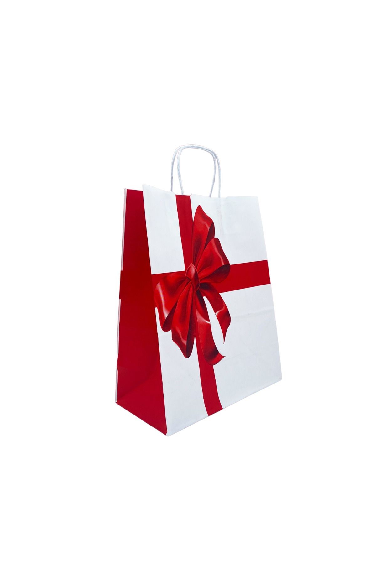 Kırmızı Fiyonk Desenli Kağıt Hediye Çantası 5 Adet 25x31 cm