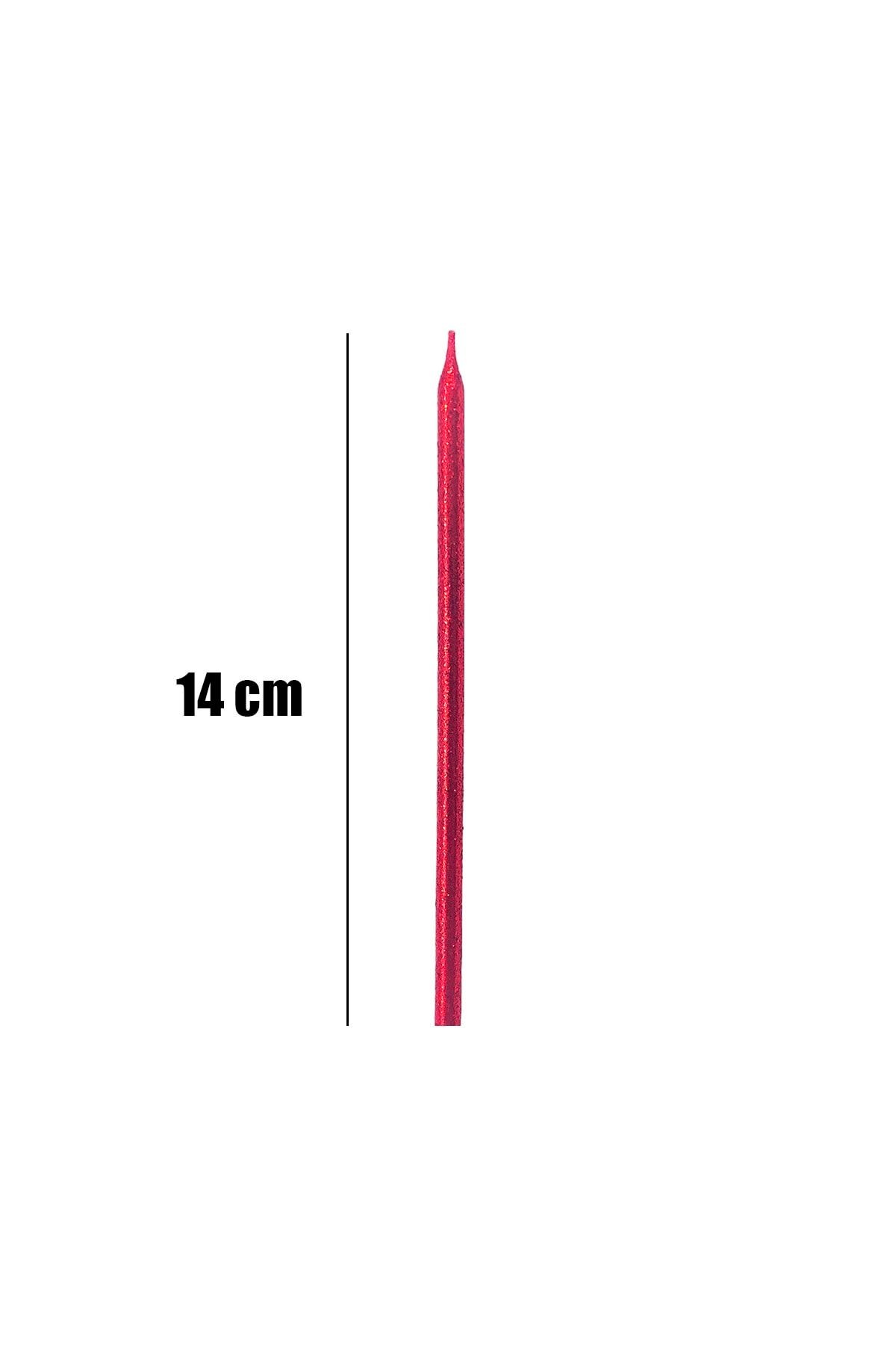 Kırmızı Simli Pasta Mumu 14 Cm 6 Adet