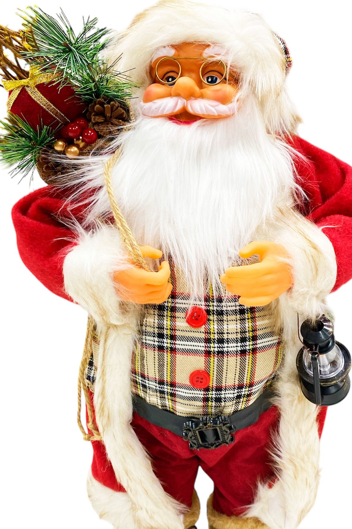 Dekoratif Noel Baba 65 cm Ekose Kıyafetli Lambalı