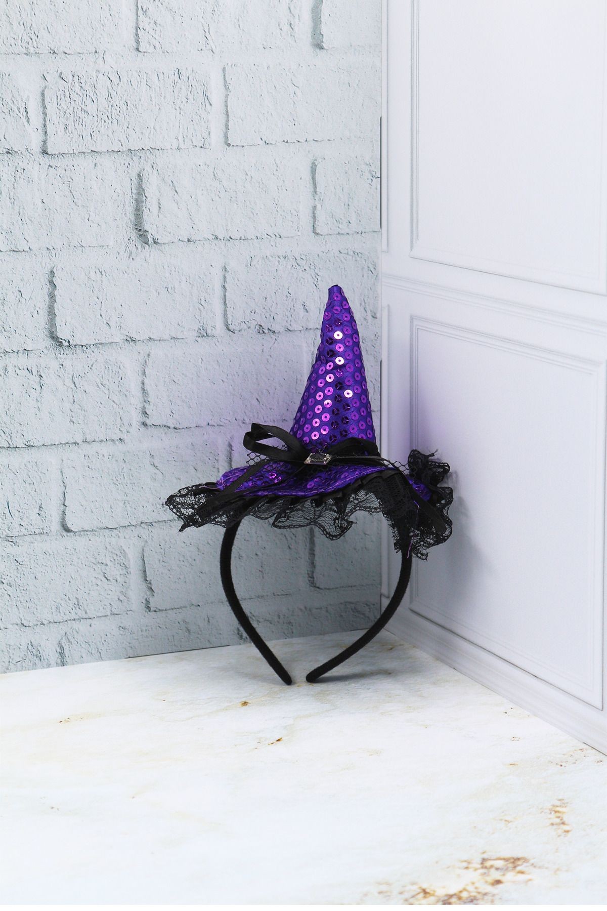 Halloween Temalı Parti Tacı Mini Cadı Şapkalı Mor