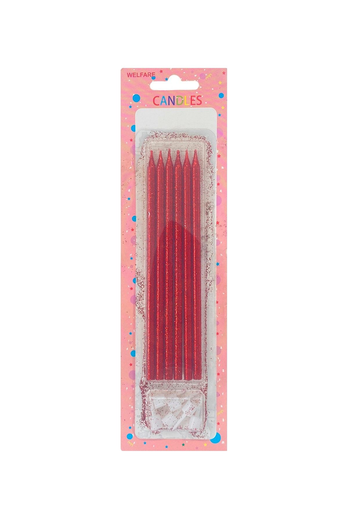 Kırmızı Simli Pasta Mumu 14 Cm 6 Adet
