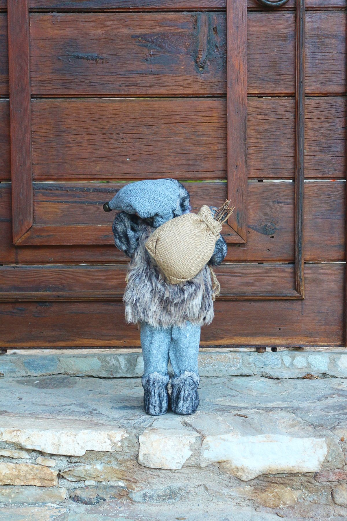 Dekoratif Noel Baba 45 cm Gri Kıyafetli Kızaklı