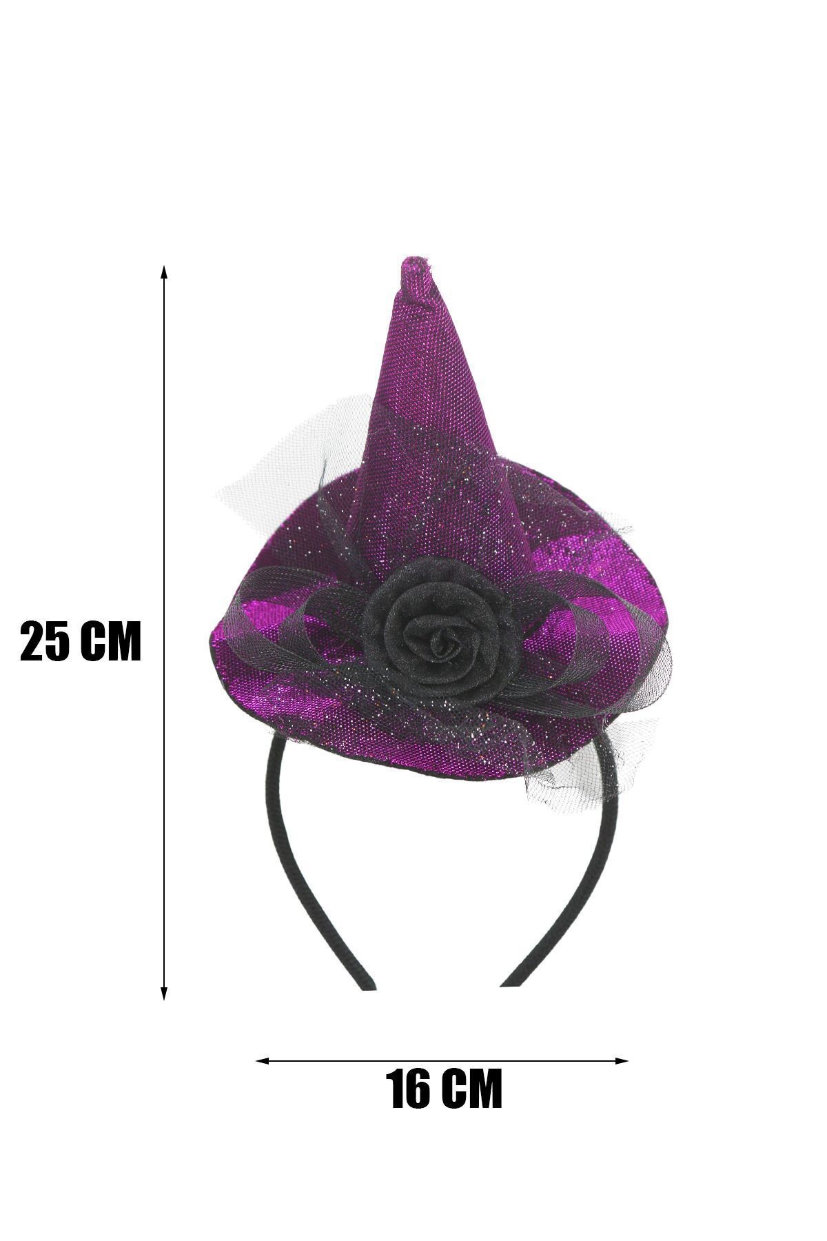 Halloween Tüllü Çiçekli Lüks Cadı Şapkalı Mor Taç