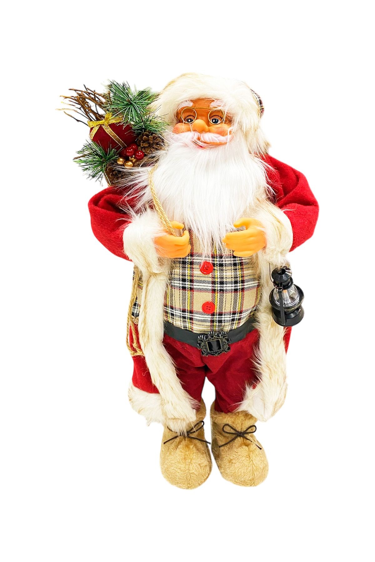 Dekoratif Noel Baba 65 cm Ekose Kıyafetli Lambalı