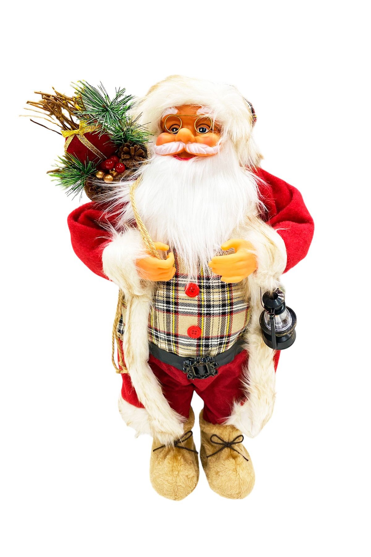Dekoratif Noel Baba 65 cm Ekose Kıyafetli Lambalı