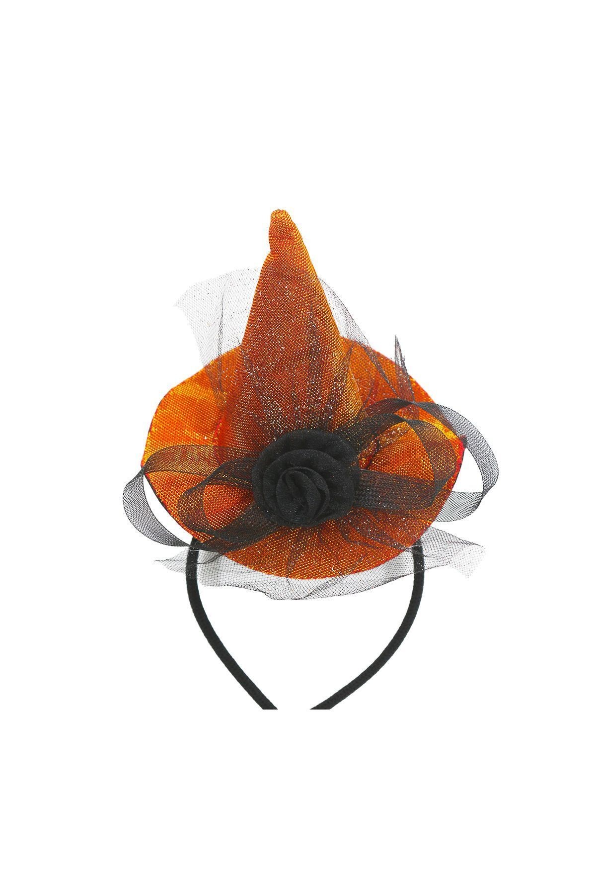 Halloween Tüllü Çiçekli Lüks Cadı Şapkalı Turuncu Taç
