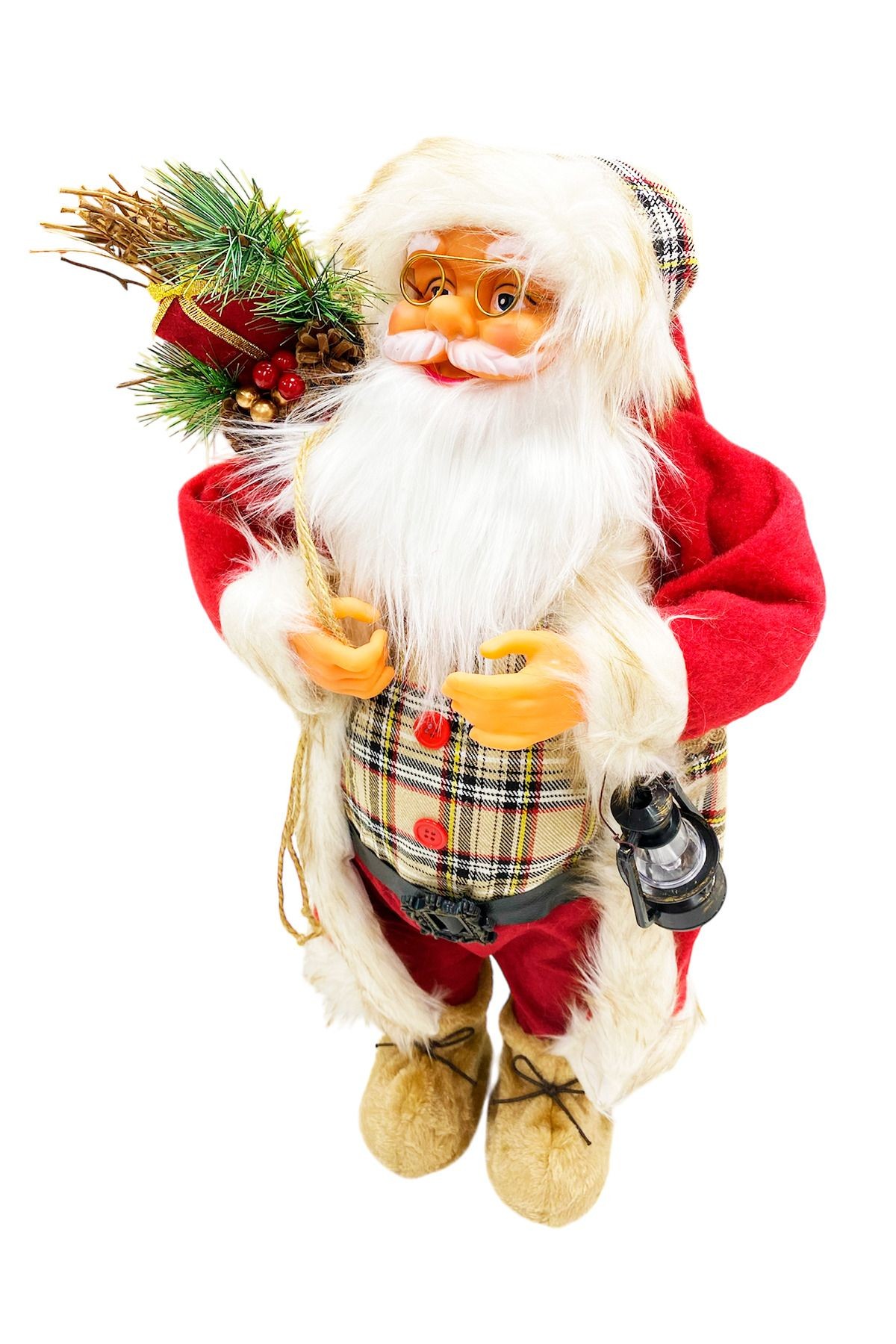 Dekoratif Noel Baba 65 cm Ekose Kıyafetli Lambalı