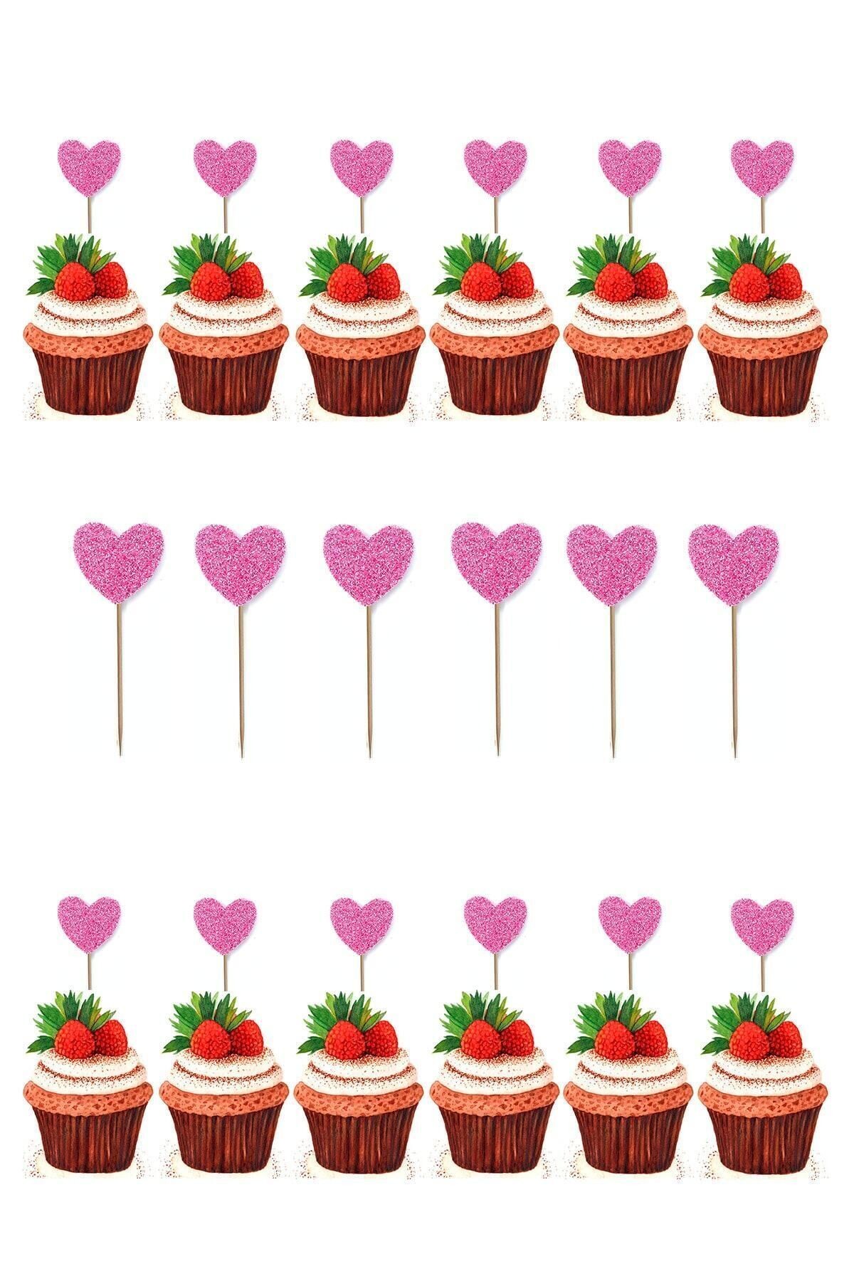 Simli Cupcake Kürdanı 20 Adet Pembe Kalp