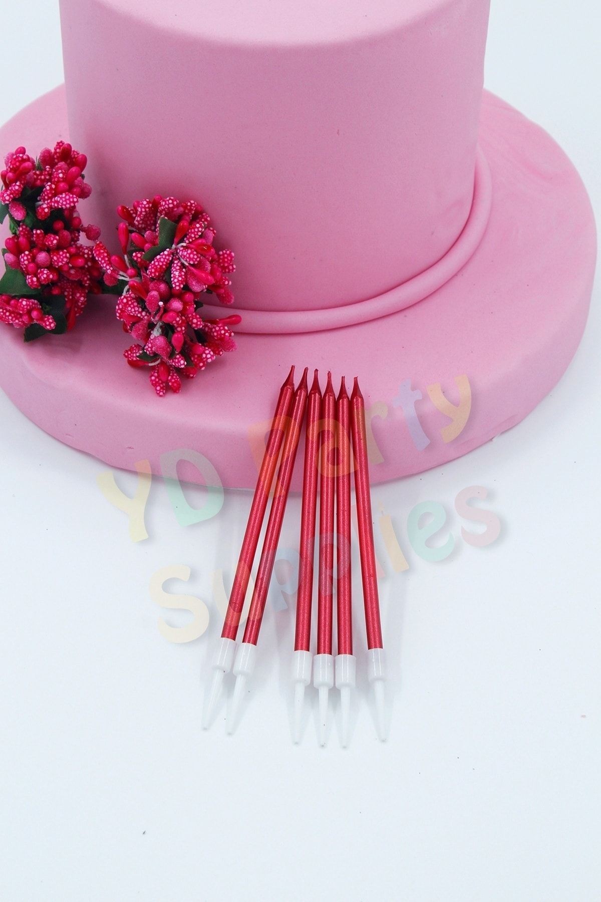 Kırmızı Metalik Renk Pasta Mumu 13 Cm 6 Adet