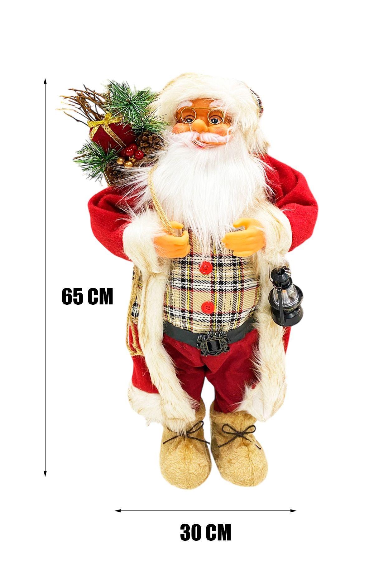 Dekoratif Noel Baba 65 cm Ekose Kıyafetli Lambalı