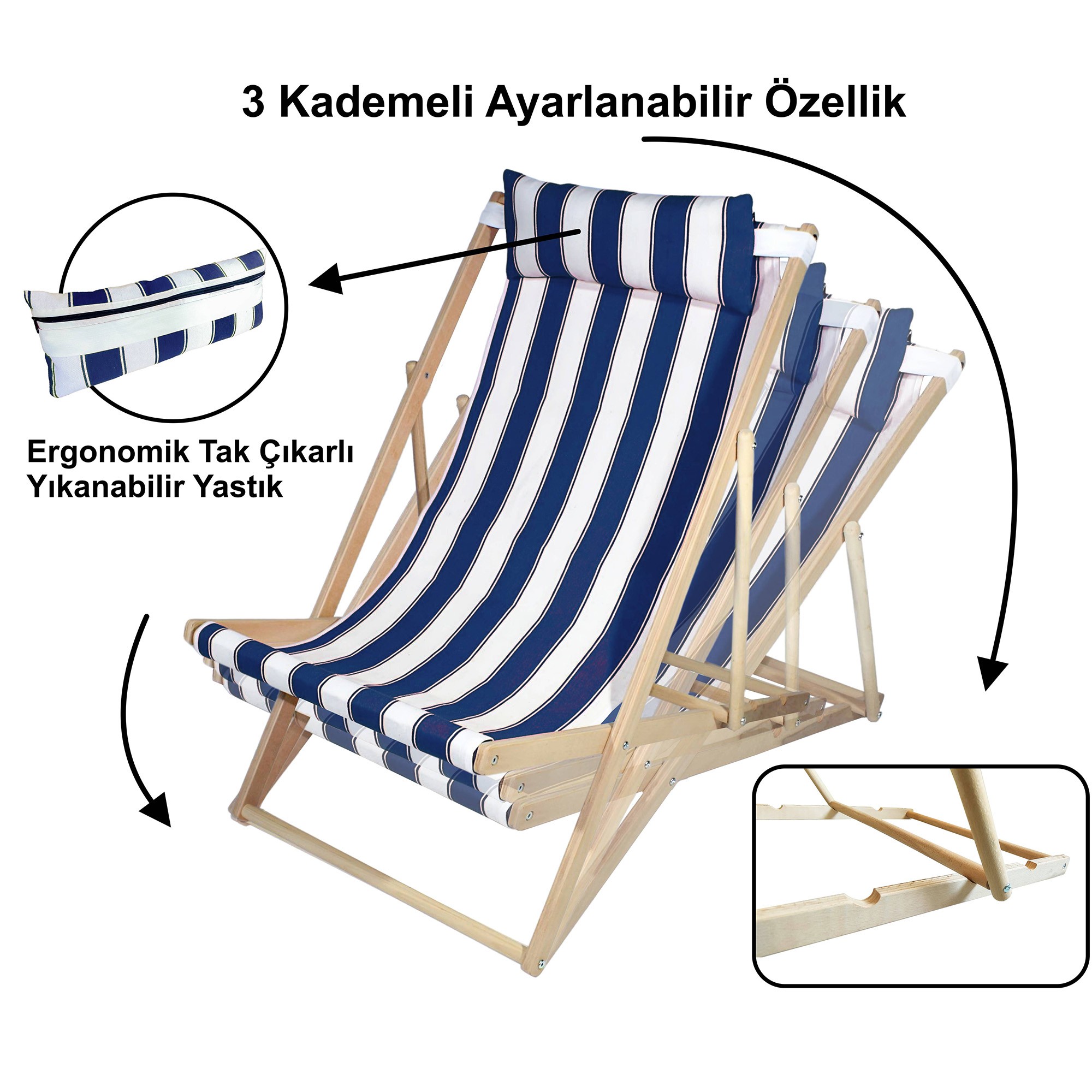 3 Kademe Ayarlı Ahşap Şezlong | Mavi-Beyaz Çizgili, Yastıklı, Taşınabilir, Portatif Tasarım