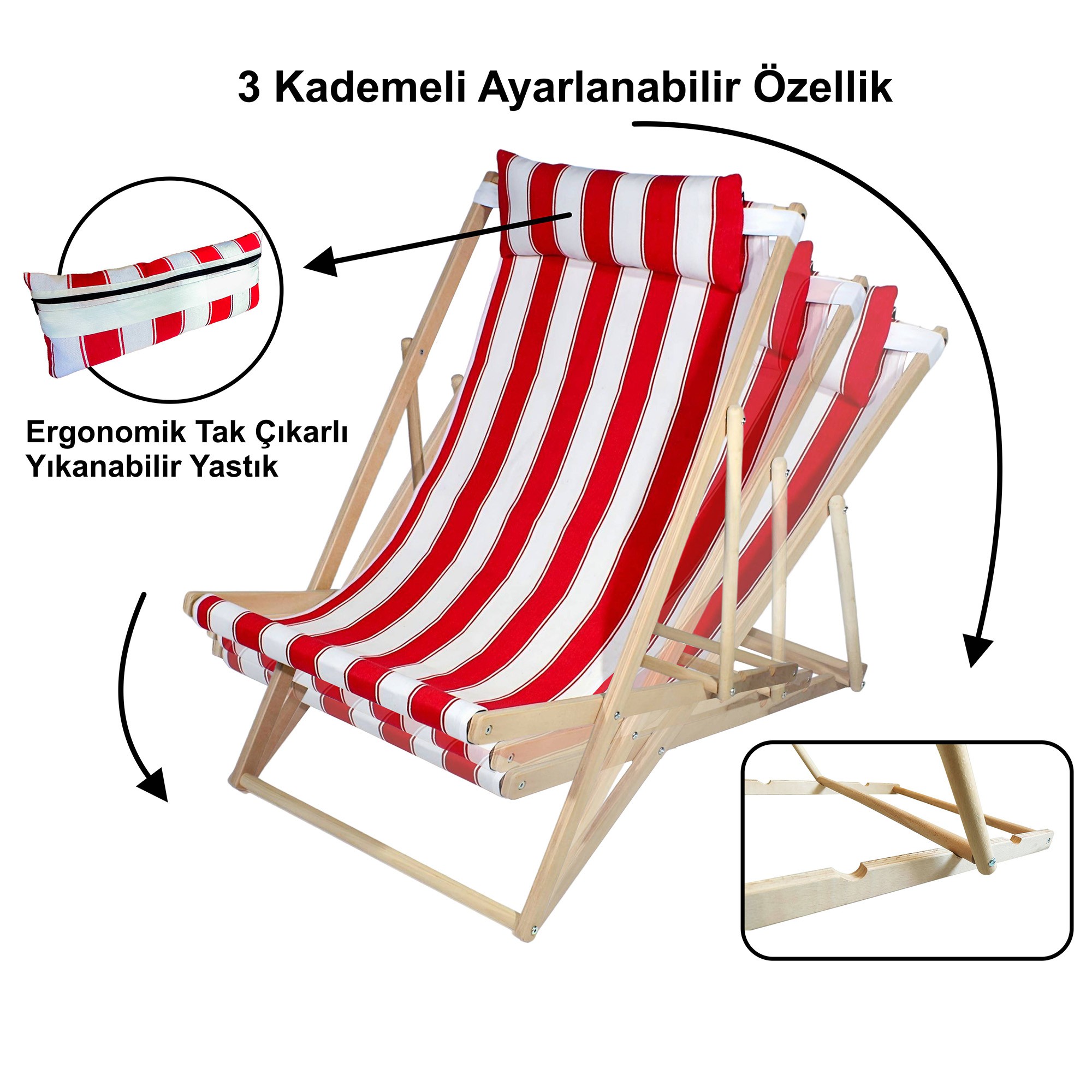 3 Kademe Ayarlı Ahşap Şezlong | Kırmızı-Beyaz Çizgili, Yastıklı, Taşınabilir, Portatif Tasarım