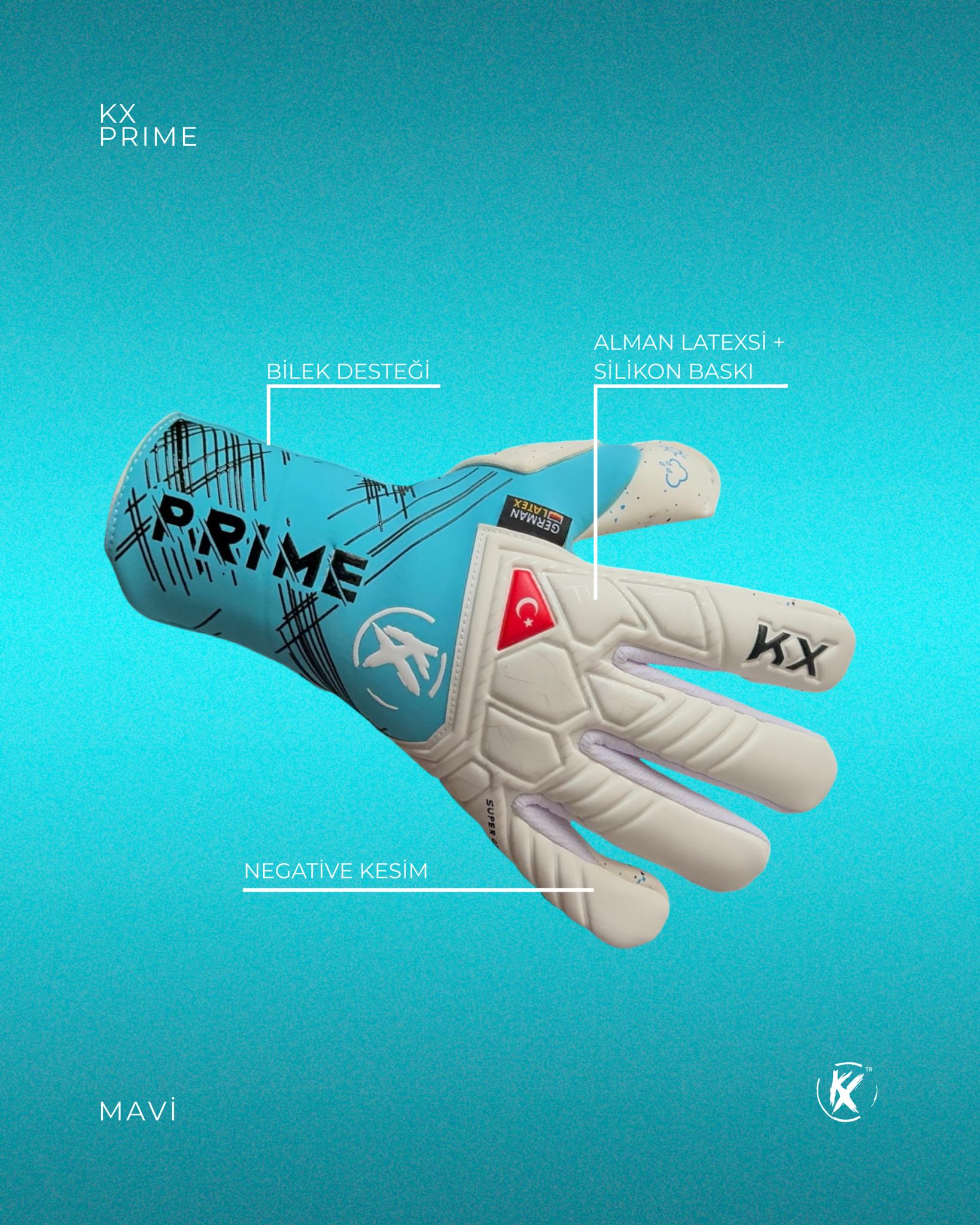 Kx -PRIME- Yarı Profesyonel Kaleci Eldiveni - Turkuaz