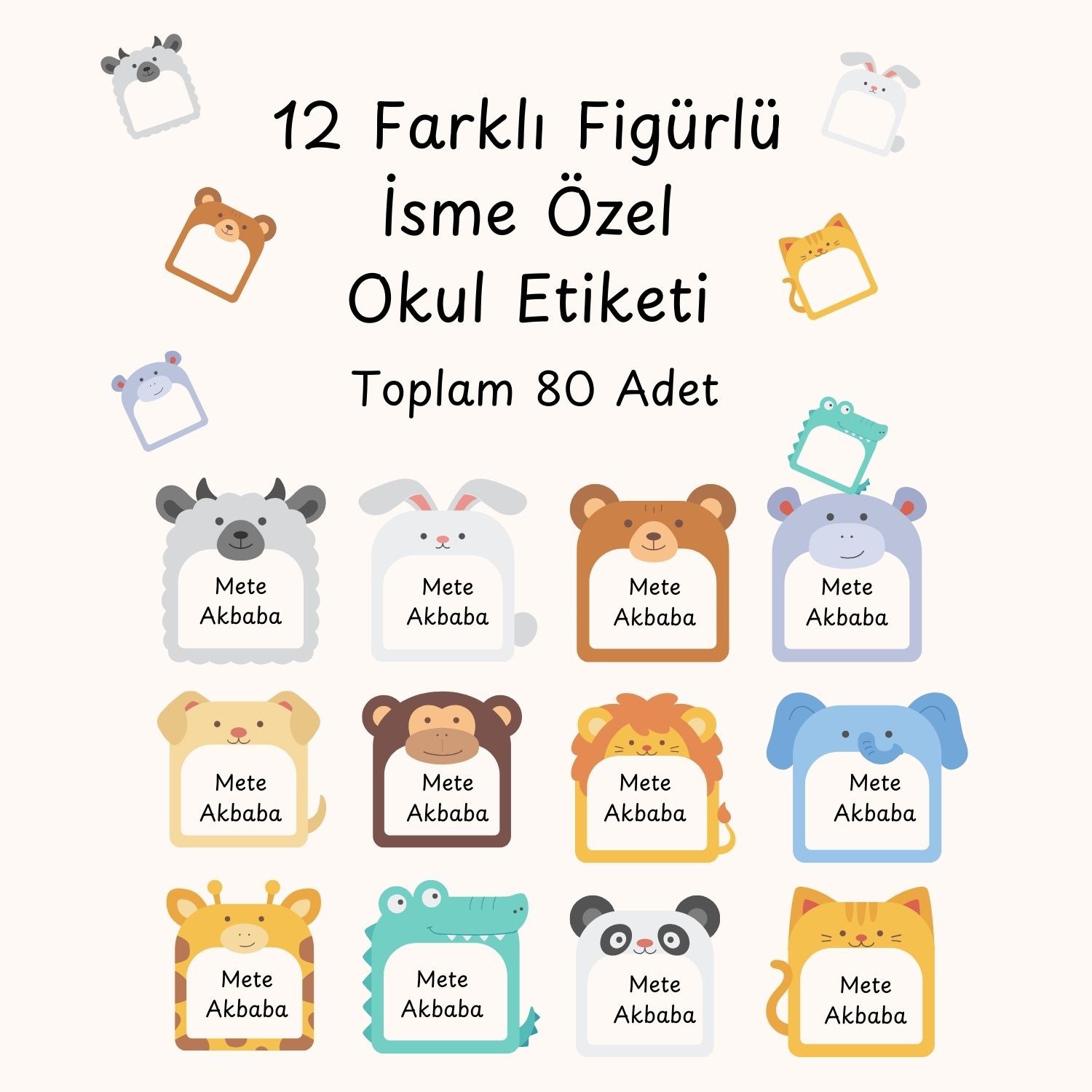 İsme Özel Okul Etiketi - HAYVAN FİGÜRLÜ