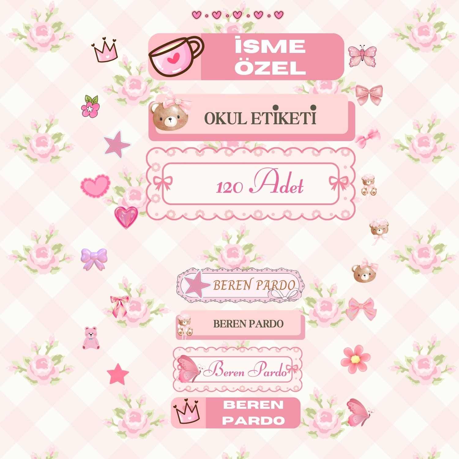 İsme Özel Okul Etiketi - PEMBE VINTAGE