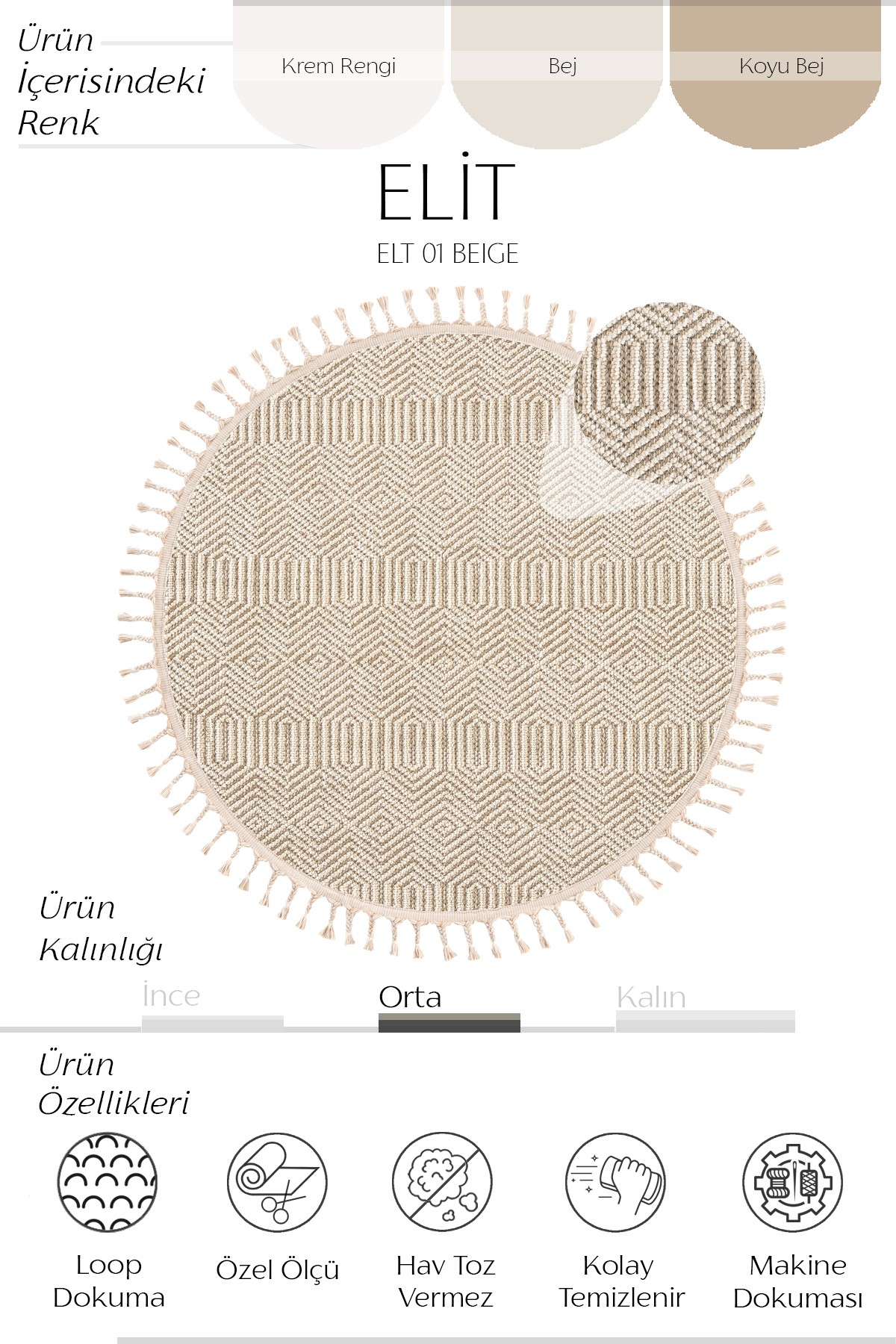 Elit 01 Bej Yuvarlak Halı