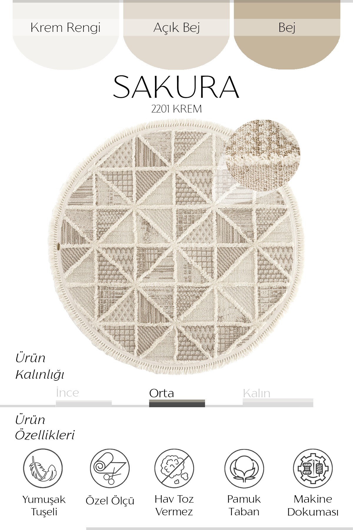 Sakura 2201 Moderne Webteppich Rund Creme