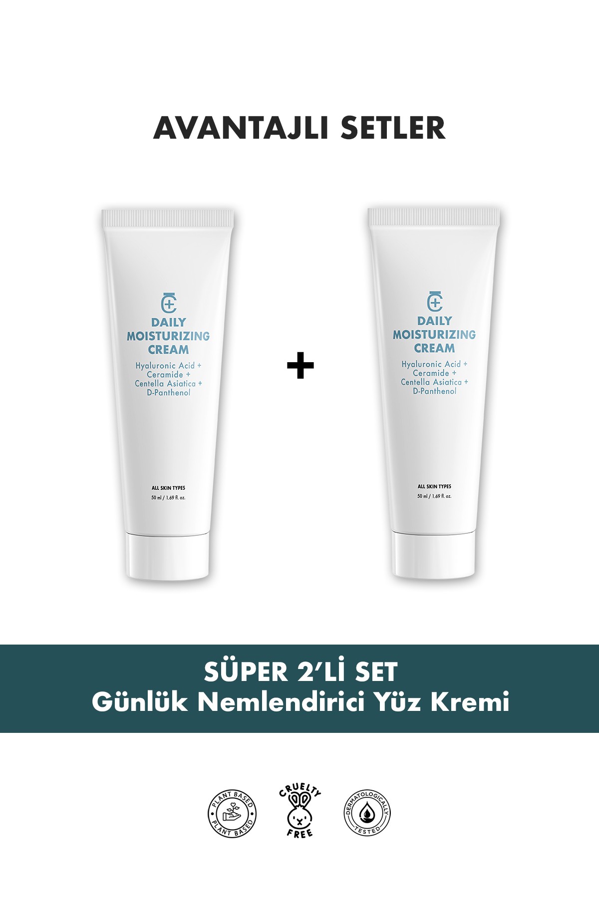 Tüm Ciltler İçin Centella Asiatica Ve Seramid Içeren Günlük Nemlendirici Yüz Kremi 50ML 2'li Set