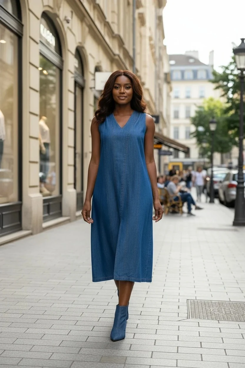 Kadın Yırtmaçlı V Yakalı Kolsuz Pamuklu Elbise mavi kot