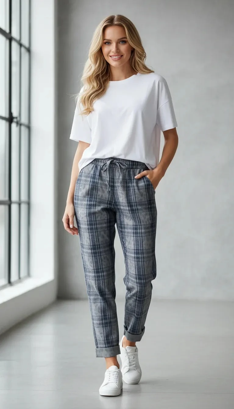 Gri Ekose Desenli Pantolon